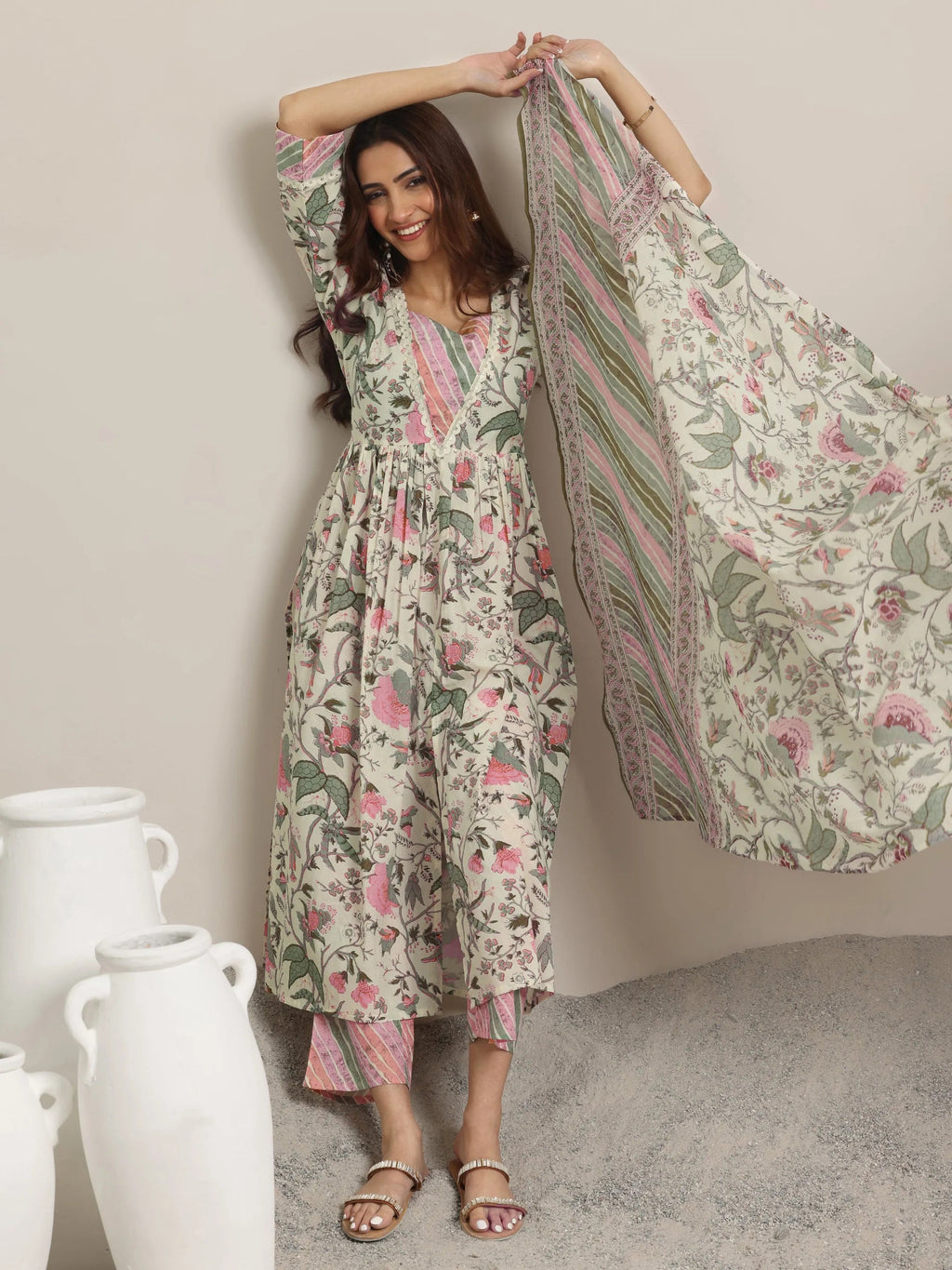 Off white Printed Cotton Anarkali Suit Set With Dupatta