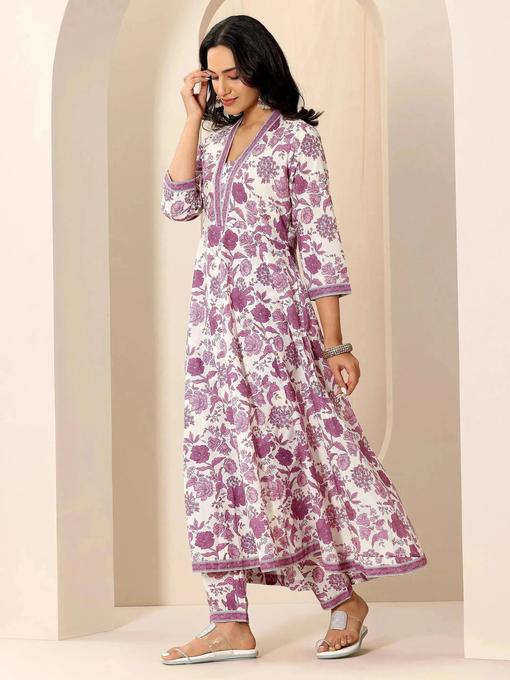 Mauve Printed Cotton Anarkali Suit Set With Dupatta