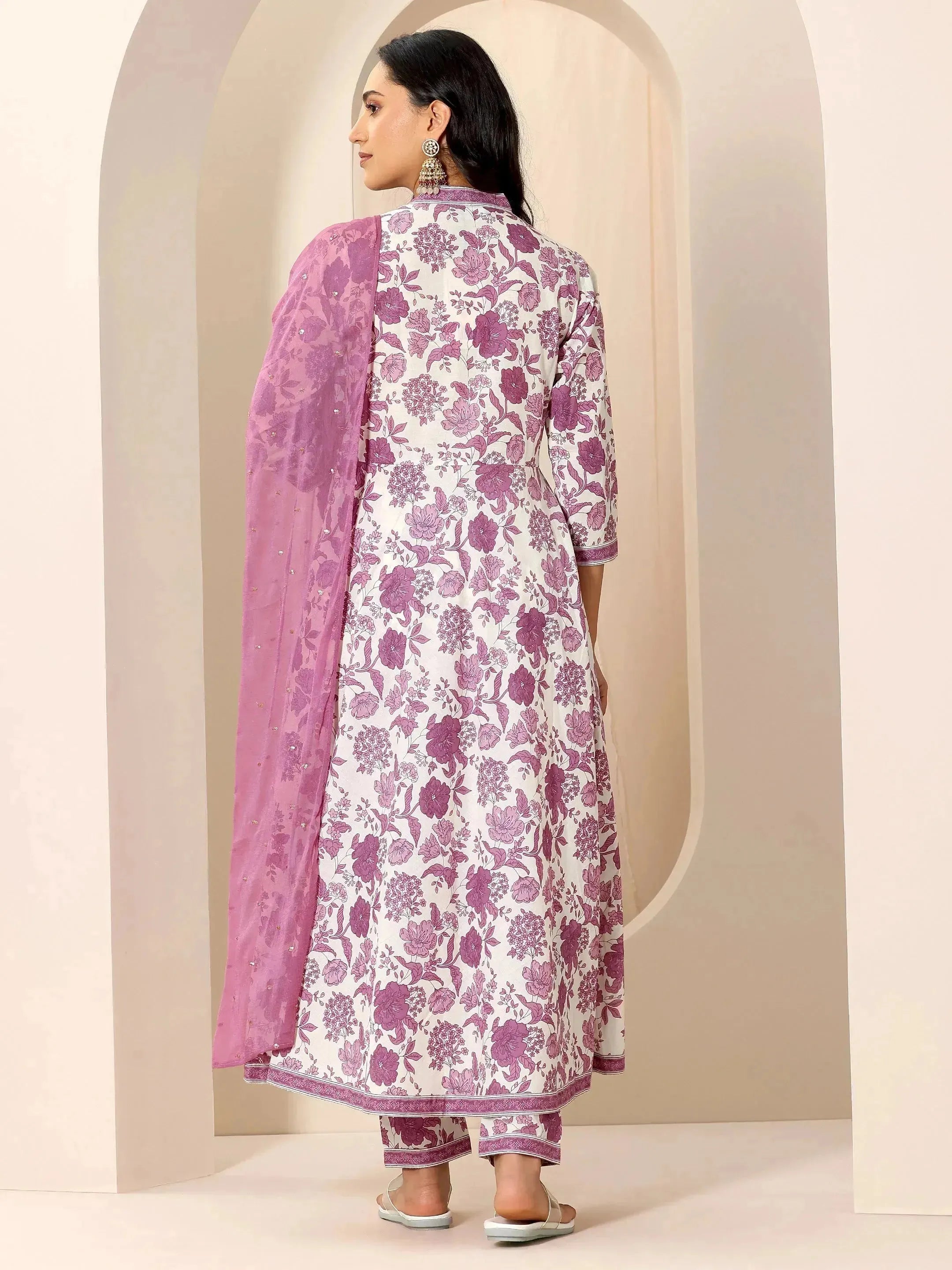 Mauve Printed Cotton Anarkali Suit Set With Dupatta