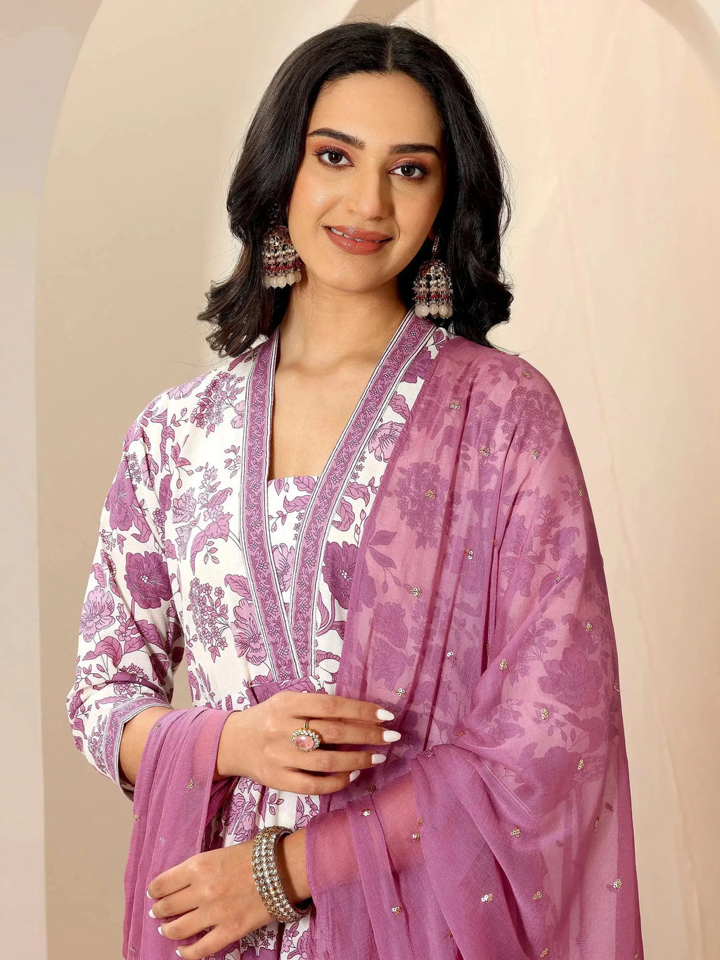 Mauve Printed Cotton Anarkali Suit Set With Dupatta