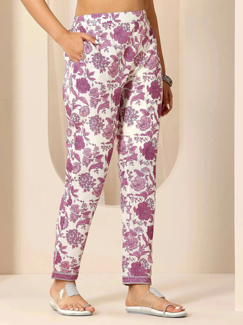 Mauve Printed Cotton Anarkali Suit Set With Dupatta