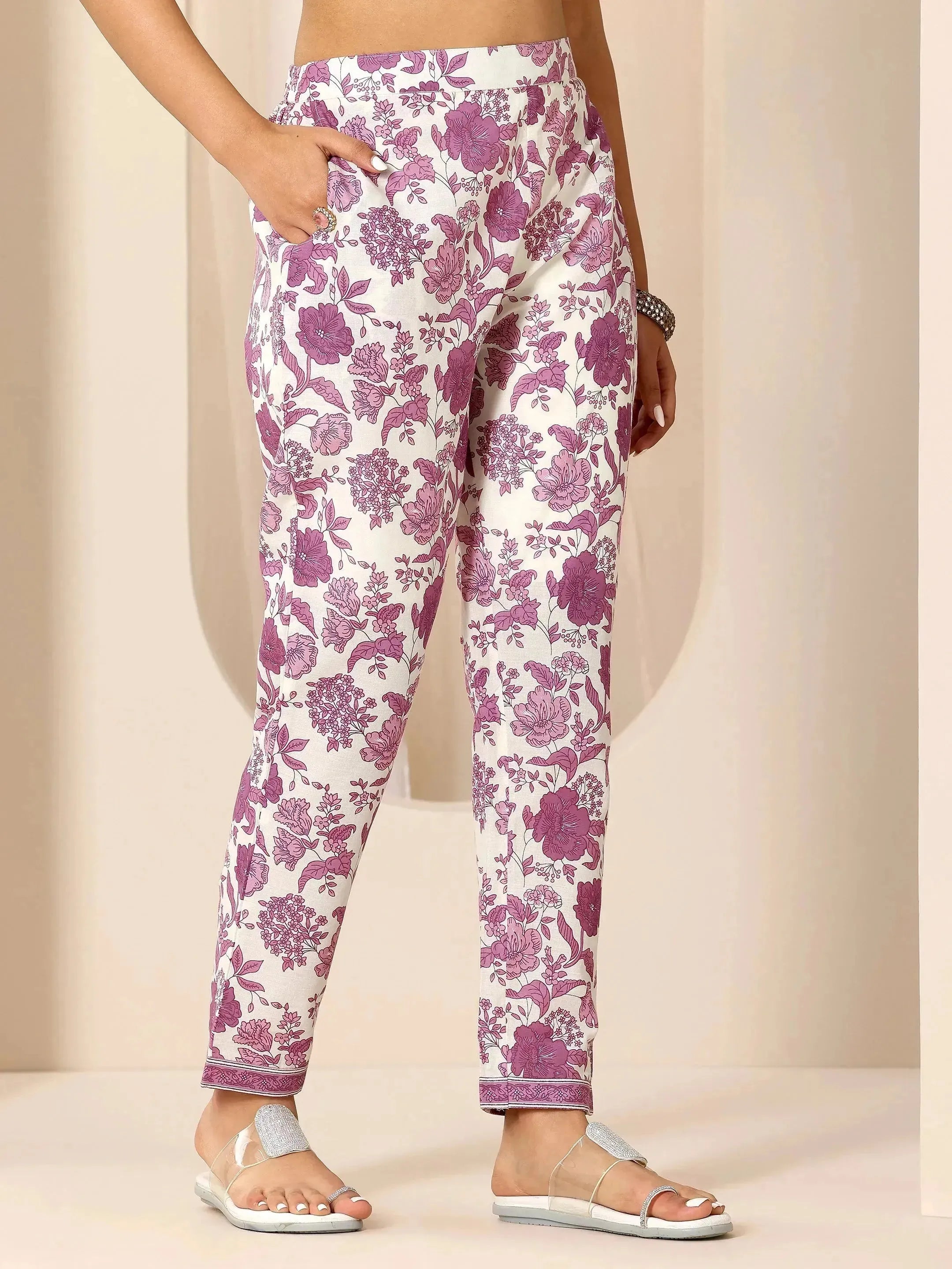 Mauve Printed Cotton Anarkali Suit Set With Dupatta