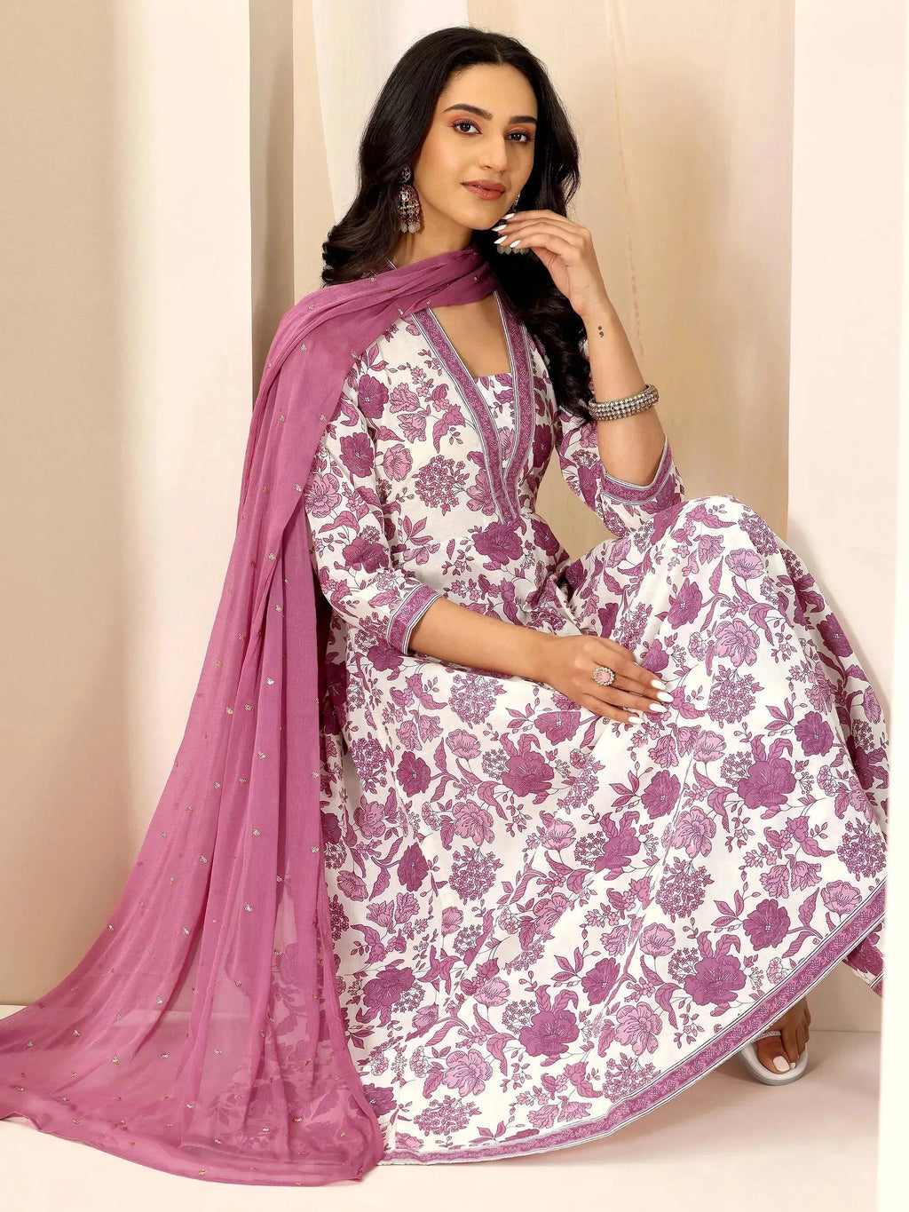 Mauve Printed Cotton Anarkali Suit Set With Dupatta