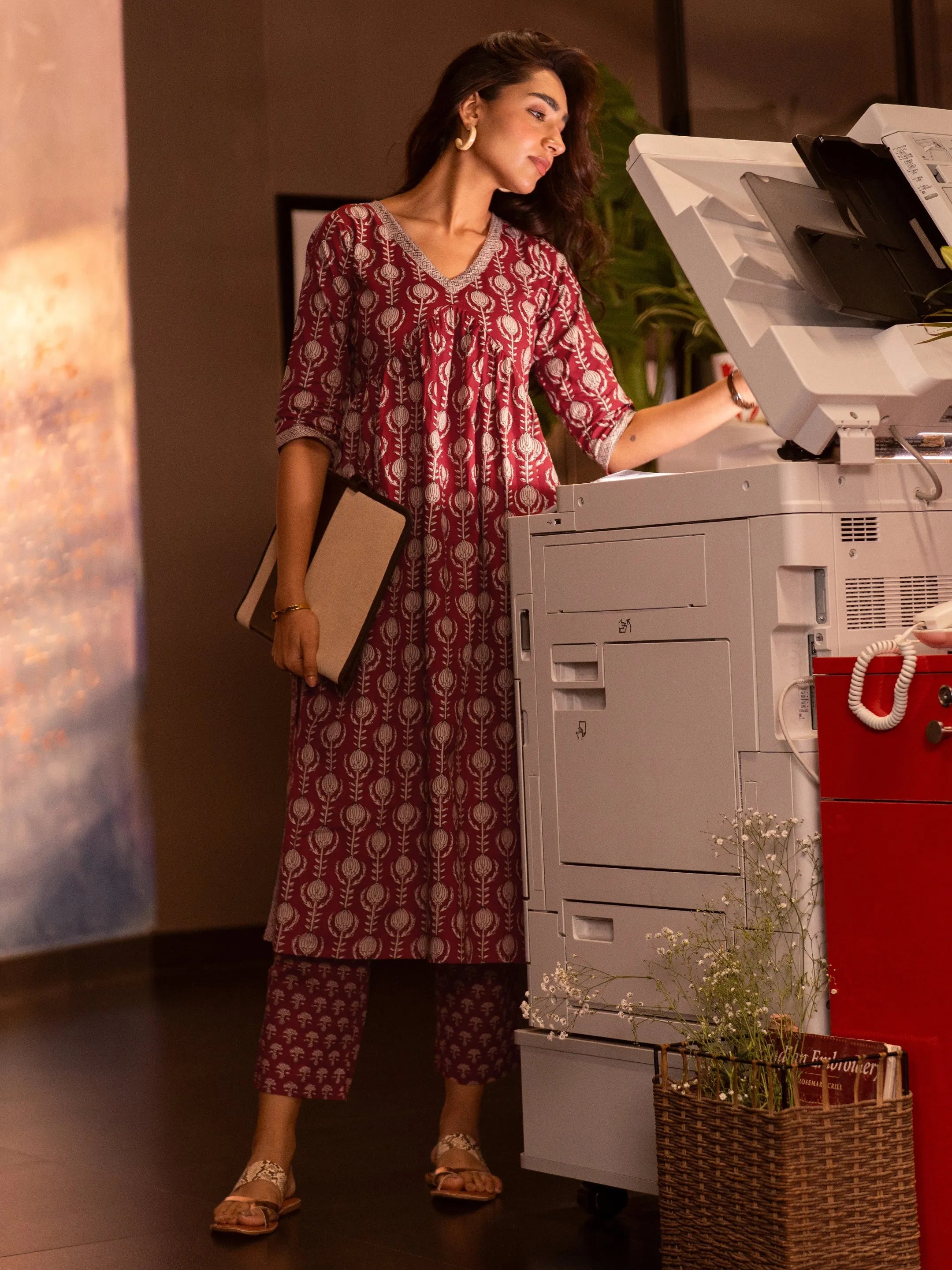 Maroon Printed Cotton A-Line Kurta Set