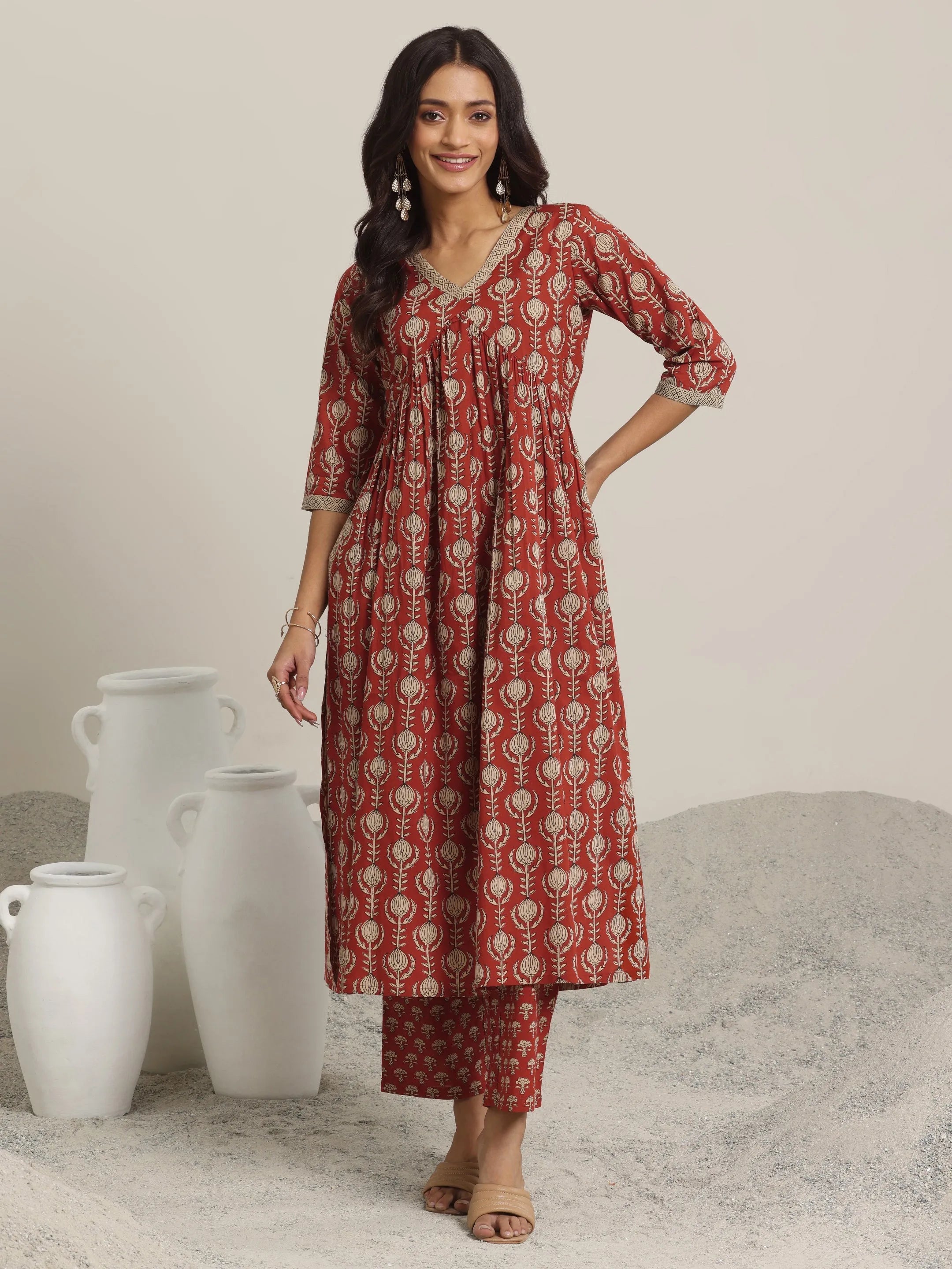 Maroon Printed Cotton A-Line Kurta Set