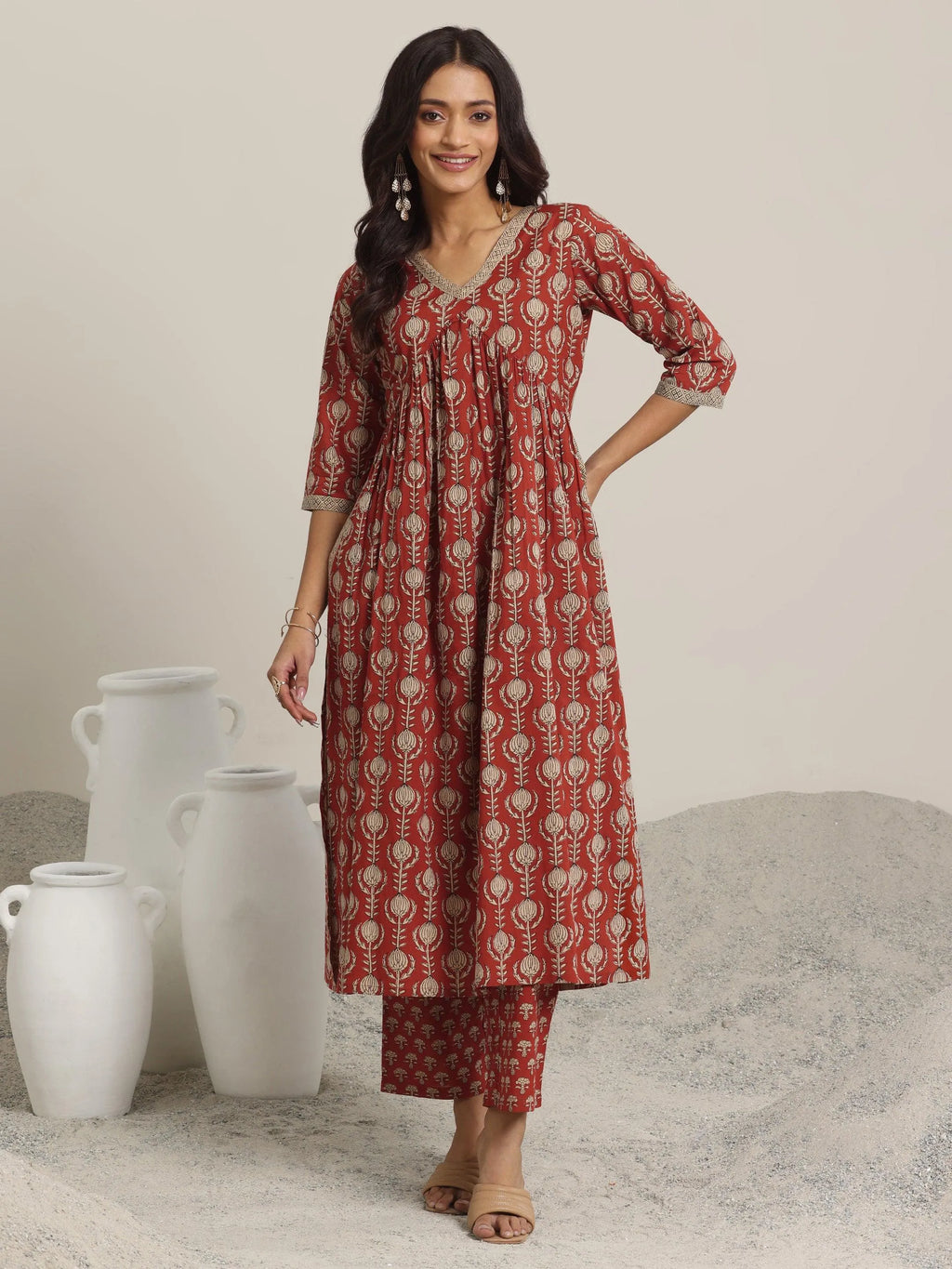 Maroon Printed Cotton A-Line Kurta Set