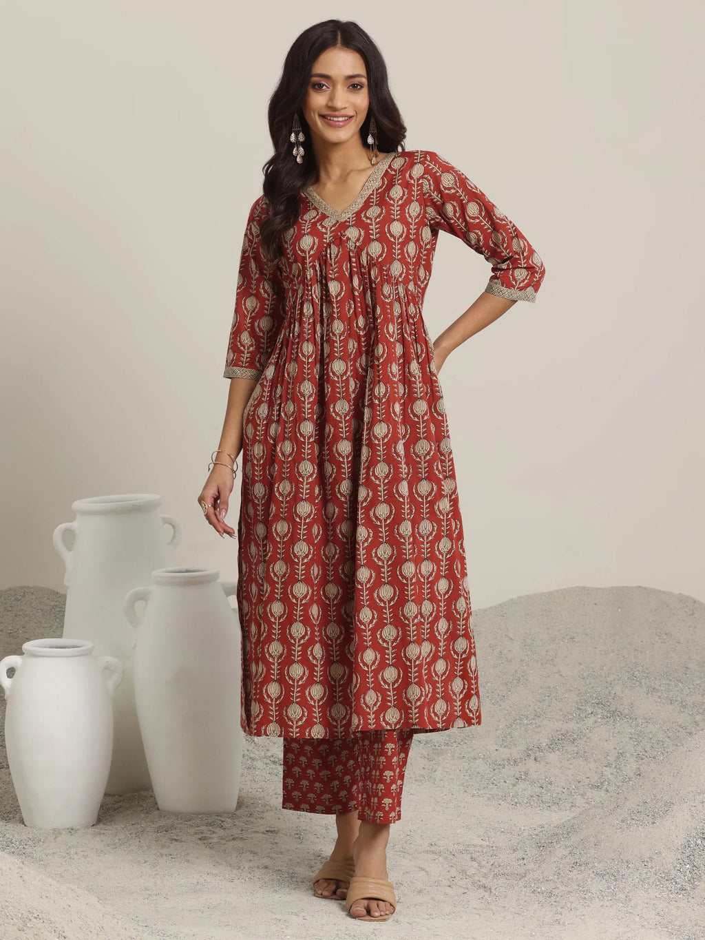 Maroon Printed Cotton A-Line Kurta Set