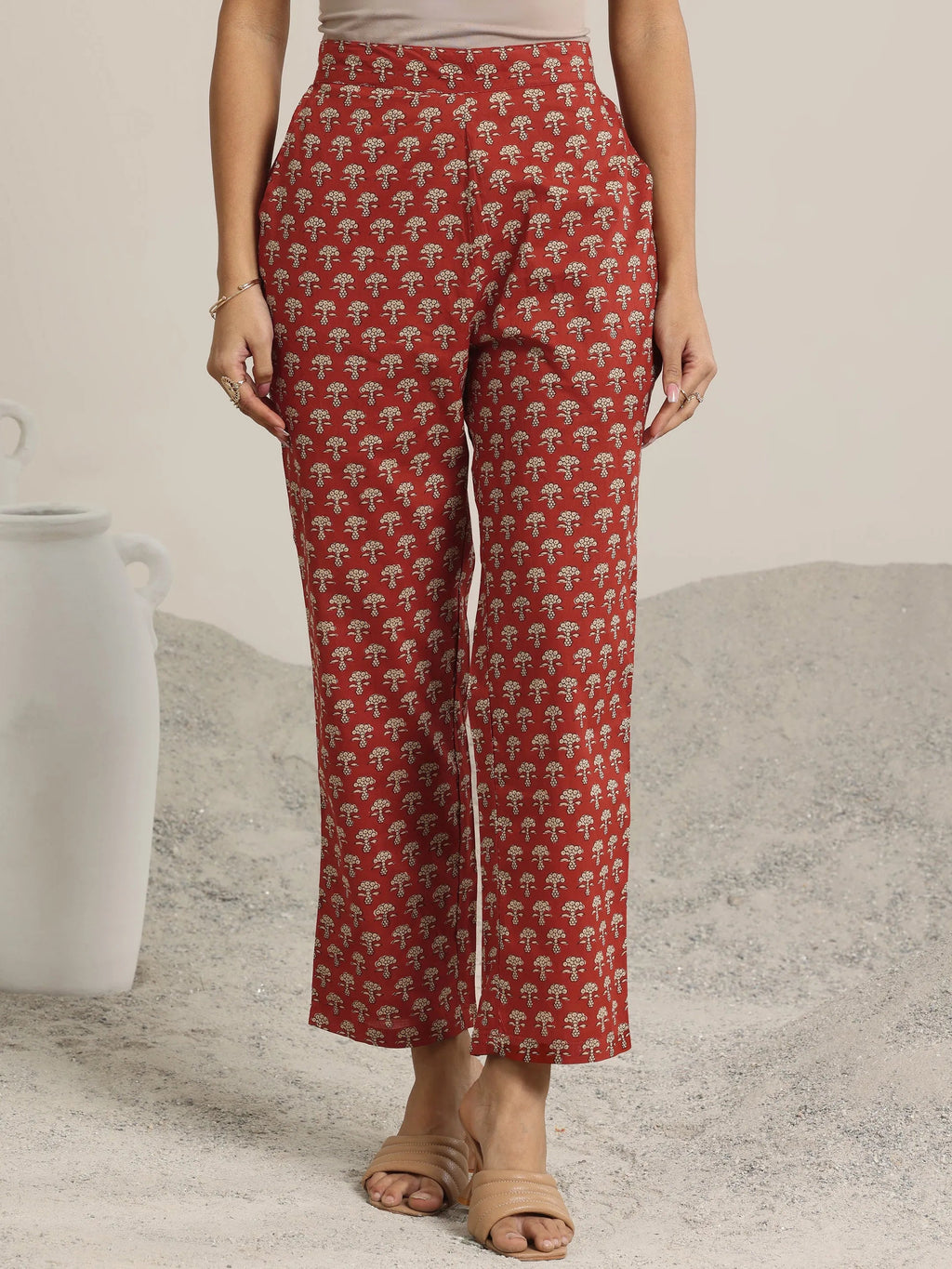 Maroon Printed Cotton A-Line Kurta Set