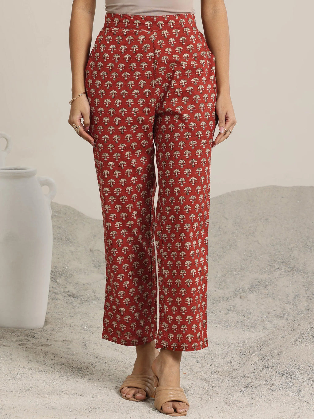 Maroon Printed Cotton A-Line Kurta Set