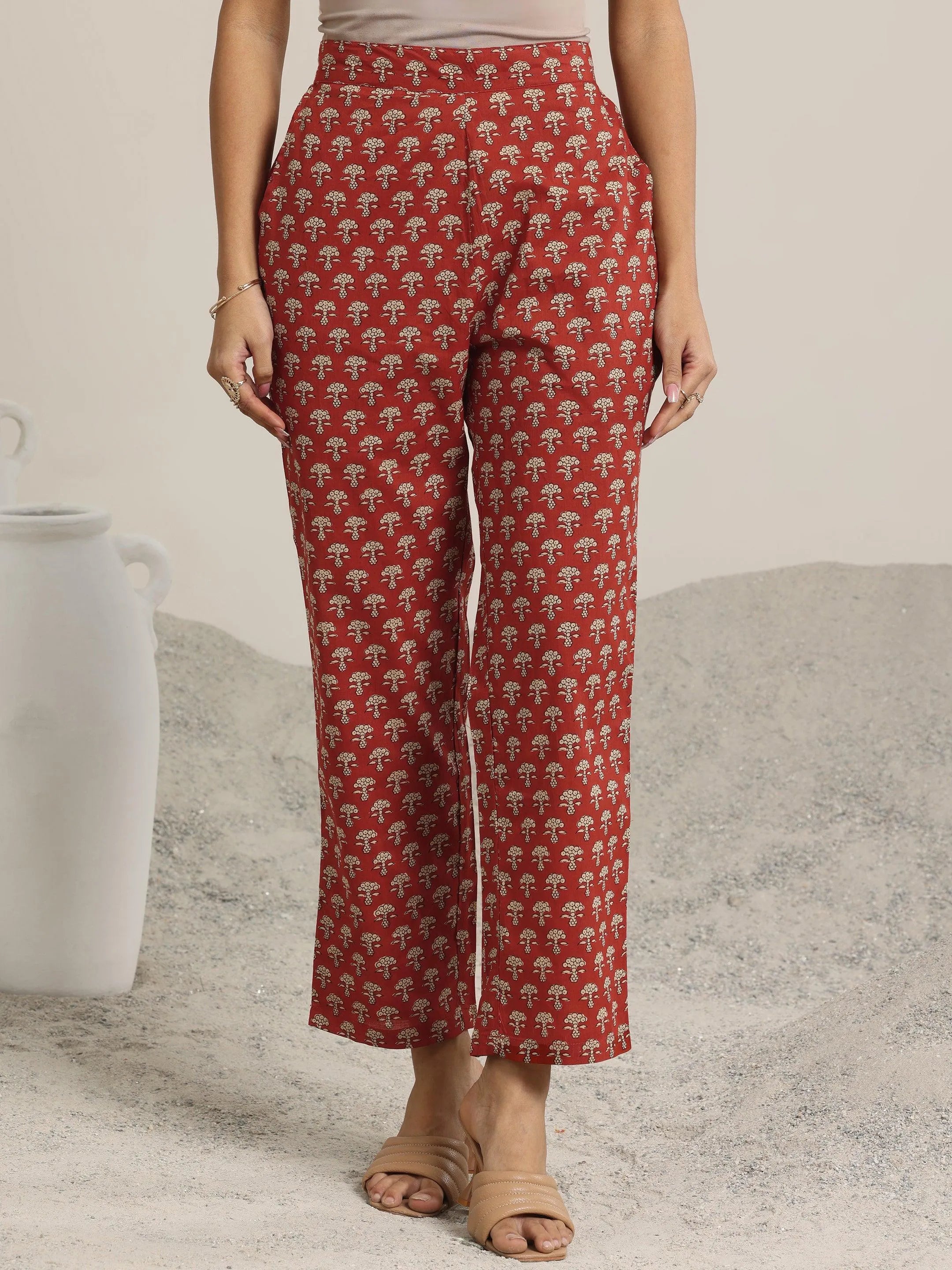 Maroon Printed Cotton A-Line Kurta Set