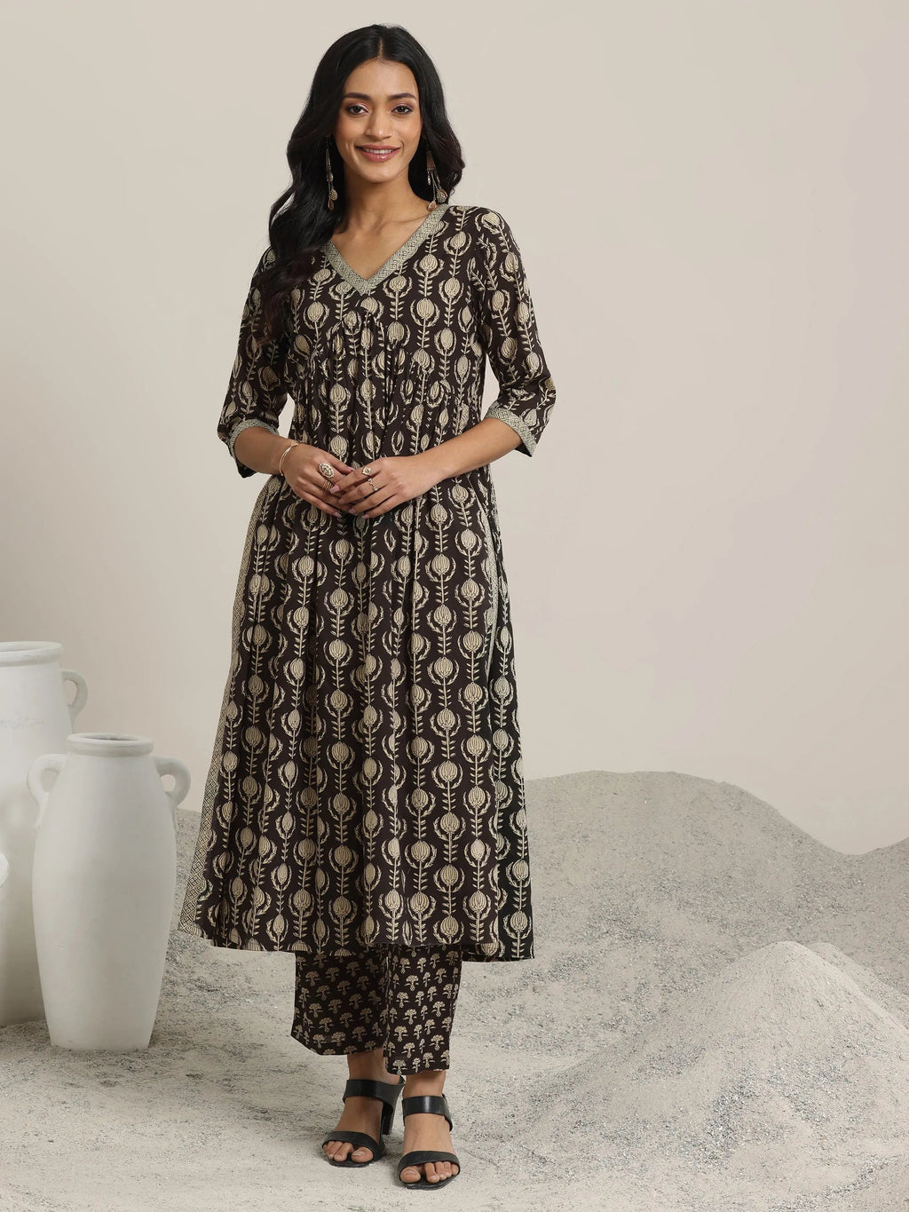 Black Printed Cotton A-Line Kurta Set