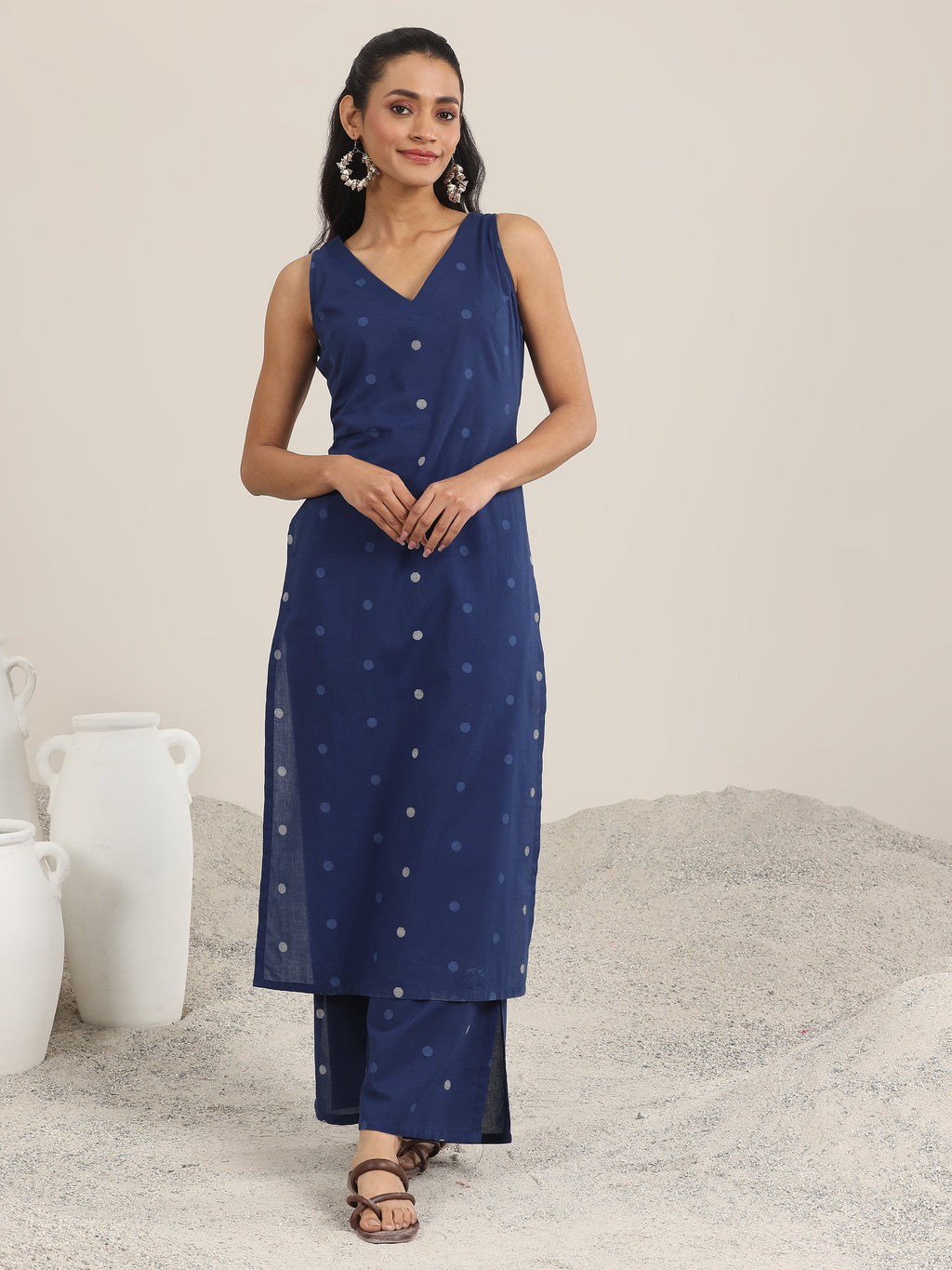 Blue Printed Cotton Straight Kurta Set