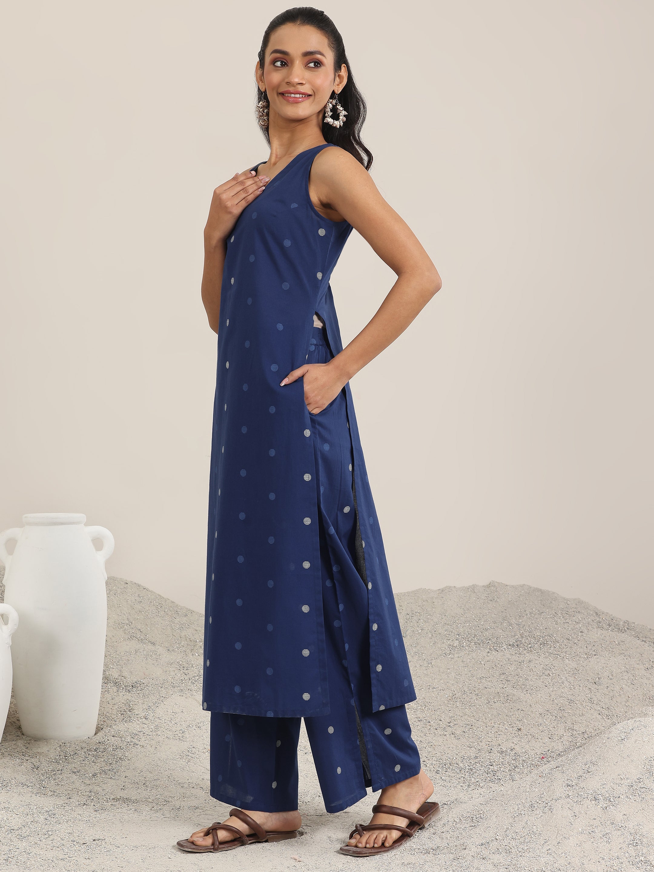 Blue Printed Cotton Straight Kurta Set
