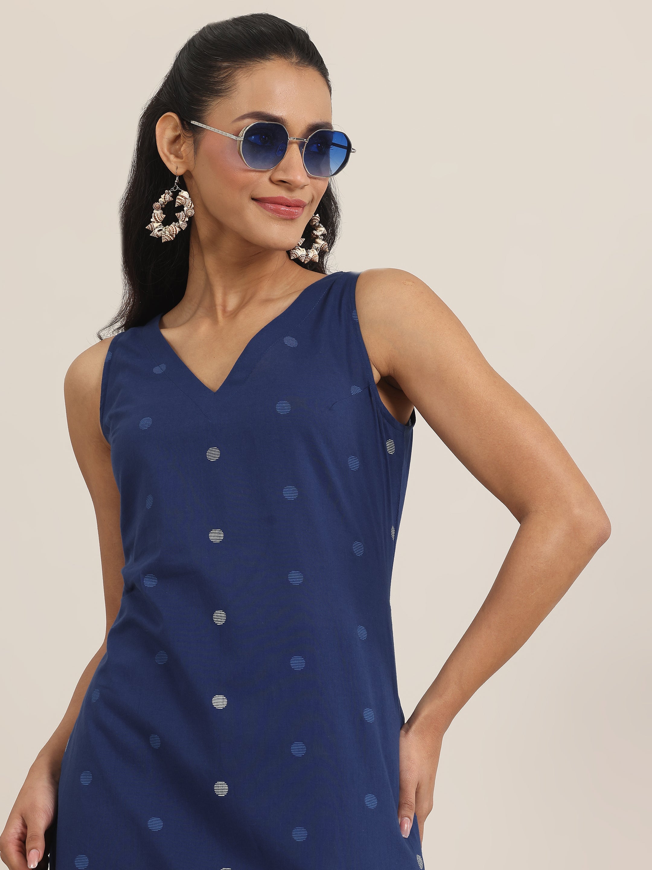 Blue Printed Cotton Straight Kurta Set