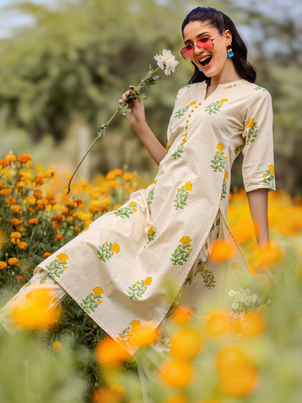 Off white Printed Cotton Straight Kurta Set