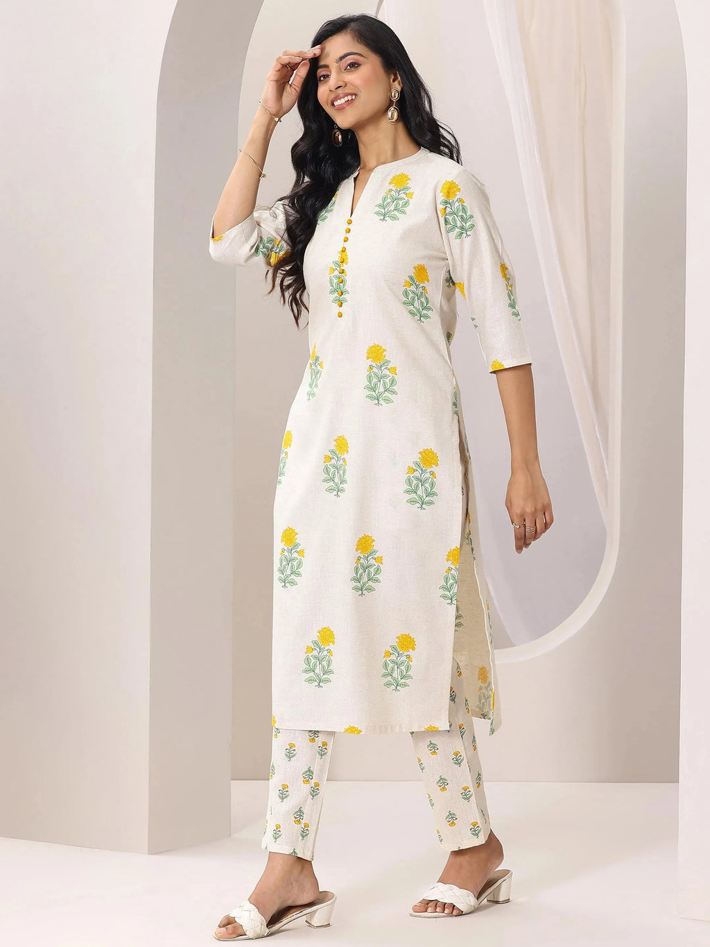 Off white Printed Cotton Straight Kurta Set
