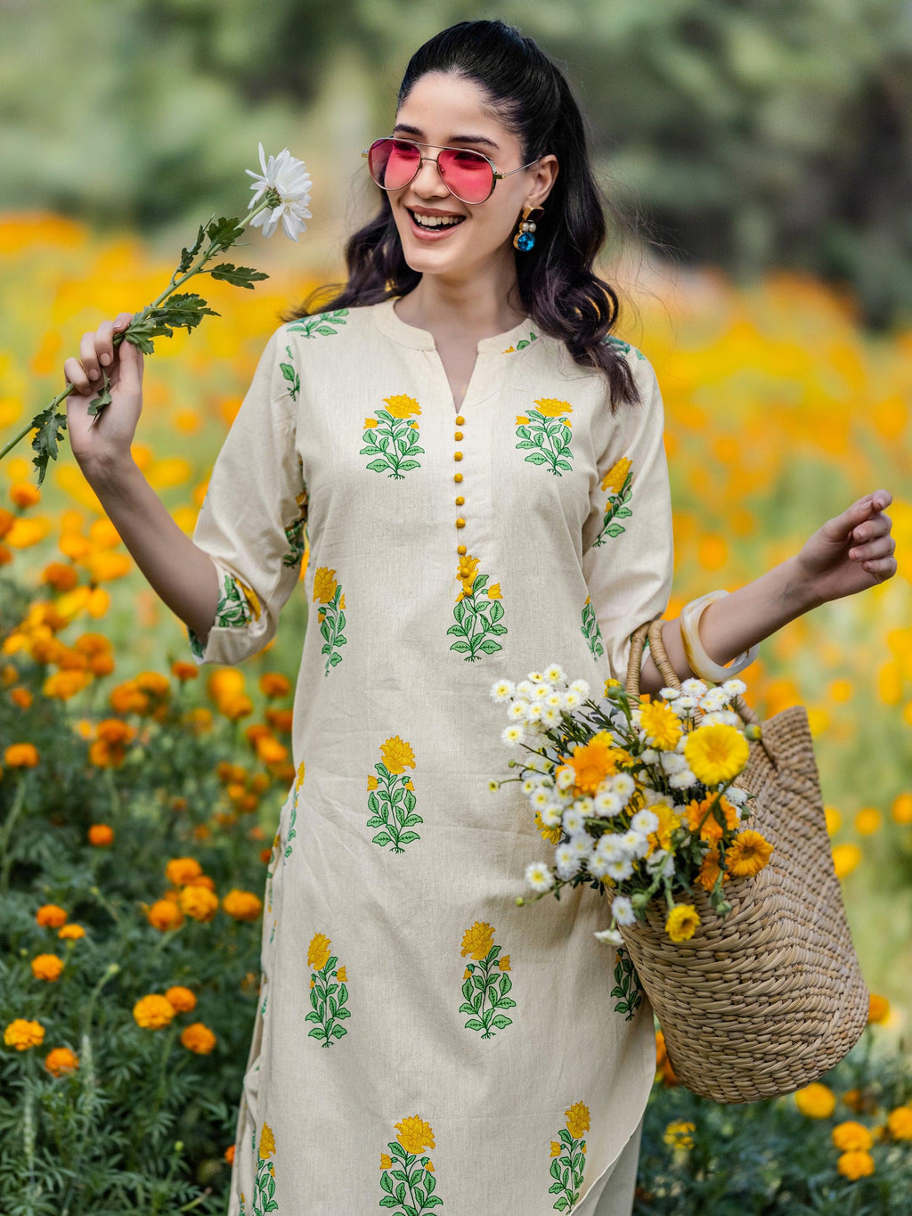 Off white Printed Cotton Straight Kurta Set