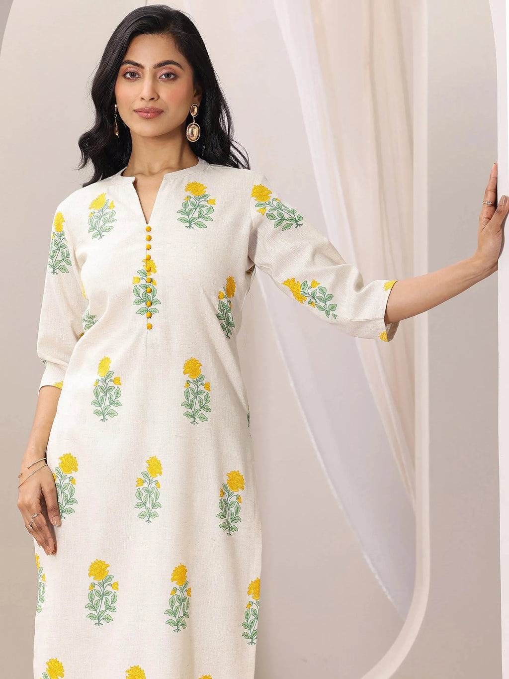 Off white Printed Cotton Straight Kurta Set