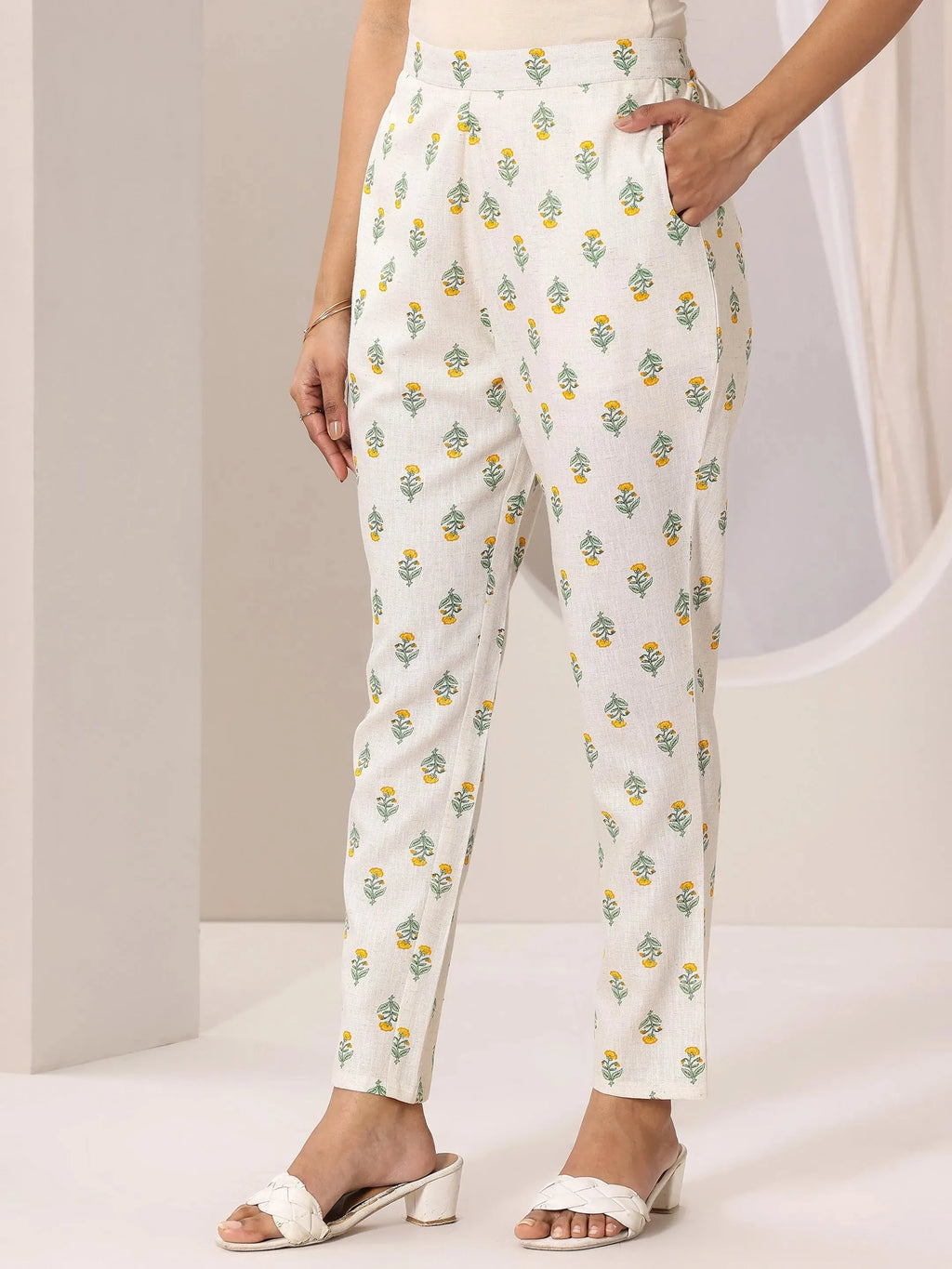 Off white Printed Cotton Straight Kurta Set