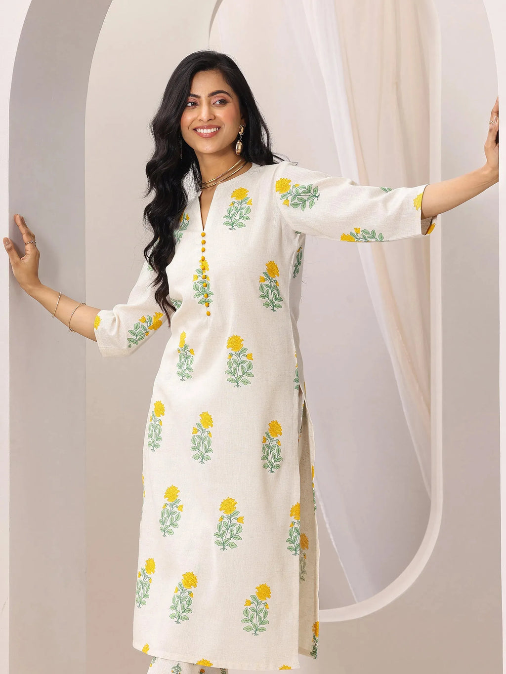 Off white Printed Cotton Straight Kurta Set