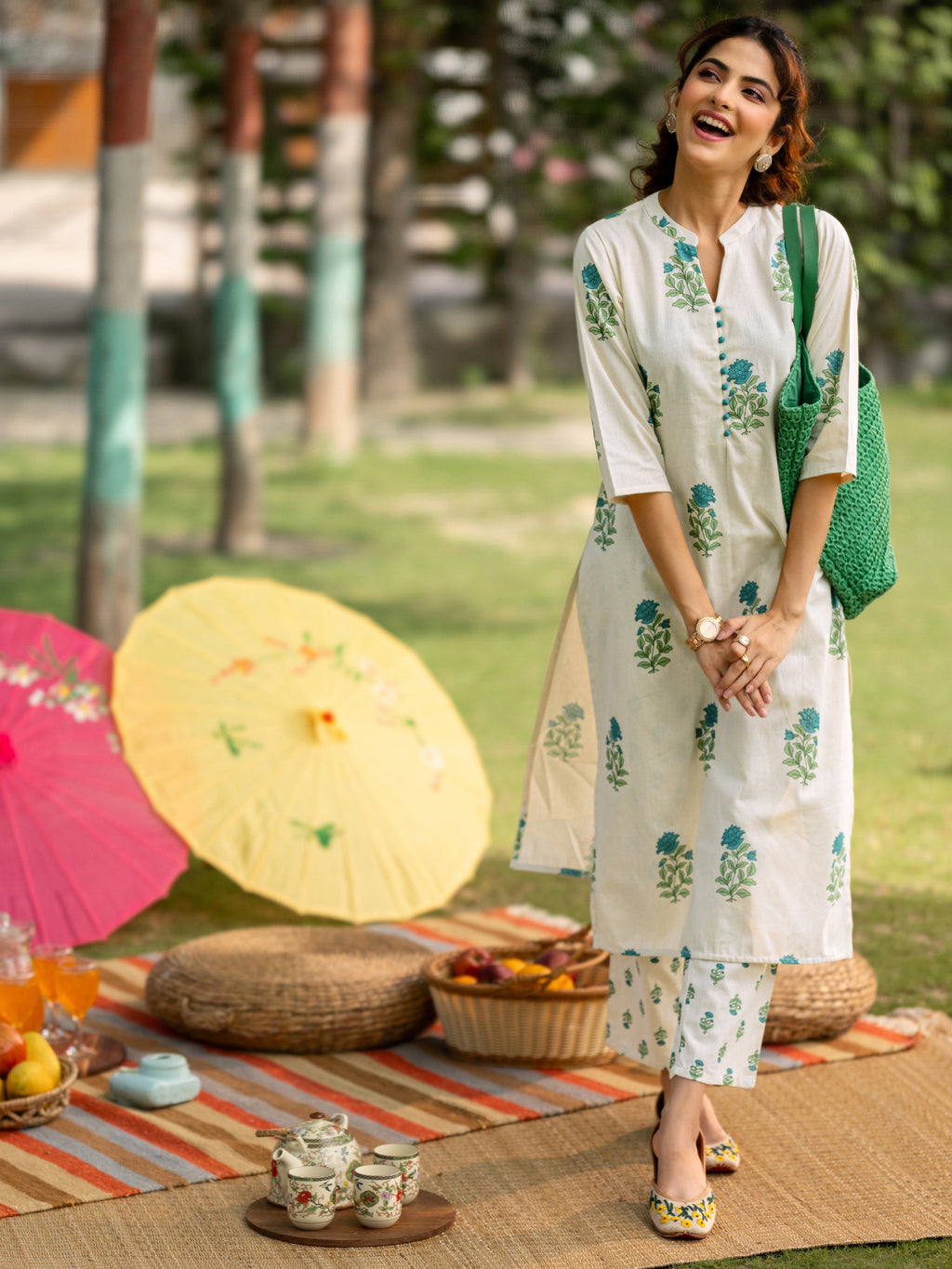 Off white Printed Cotton Straight Kurta Set