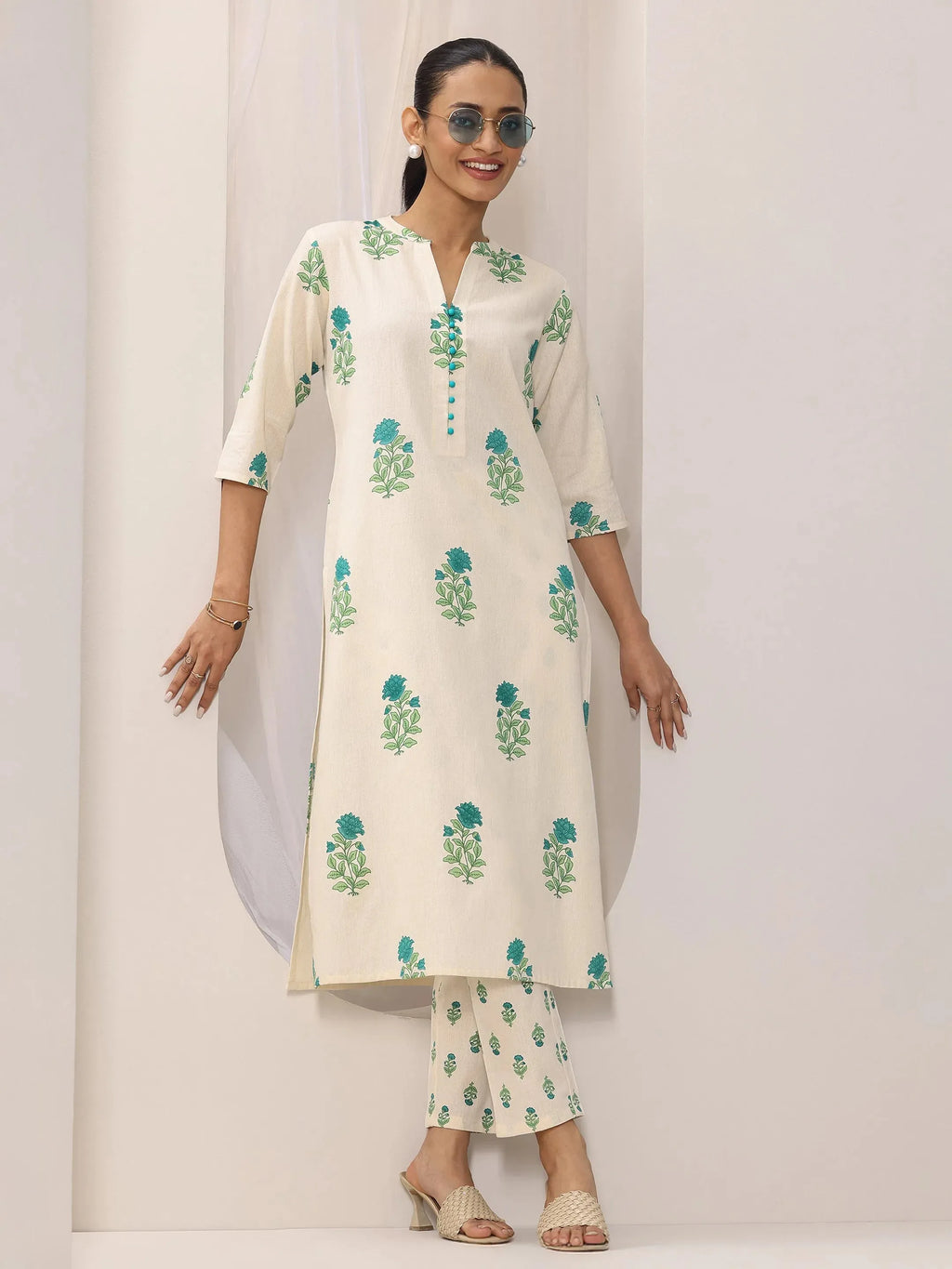 Off white Printed Cotton Straight Kurta Set