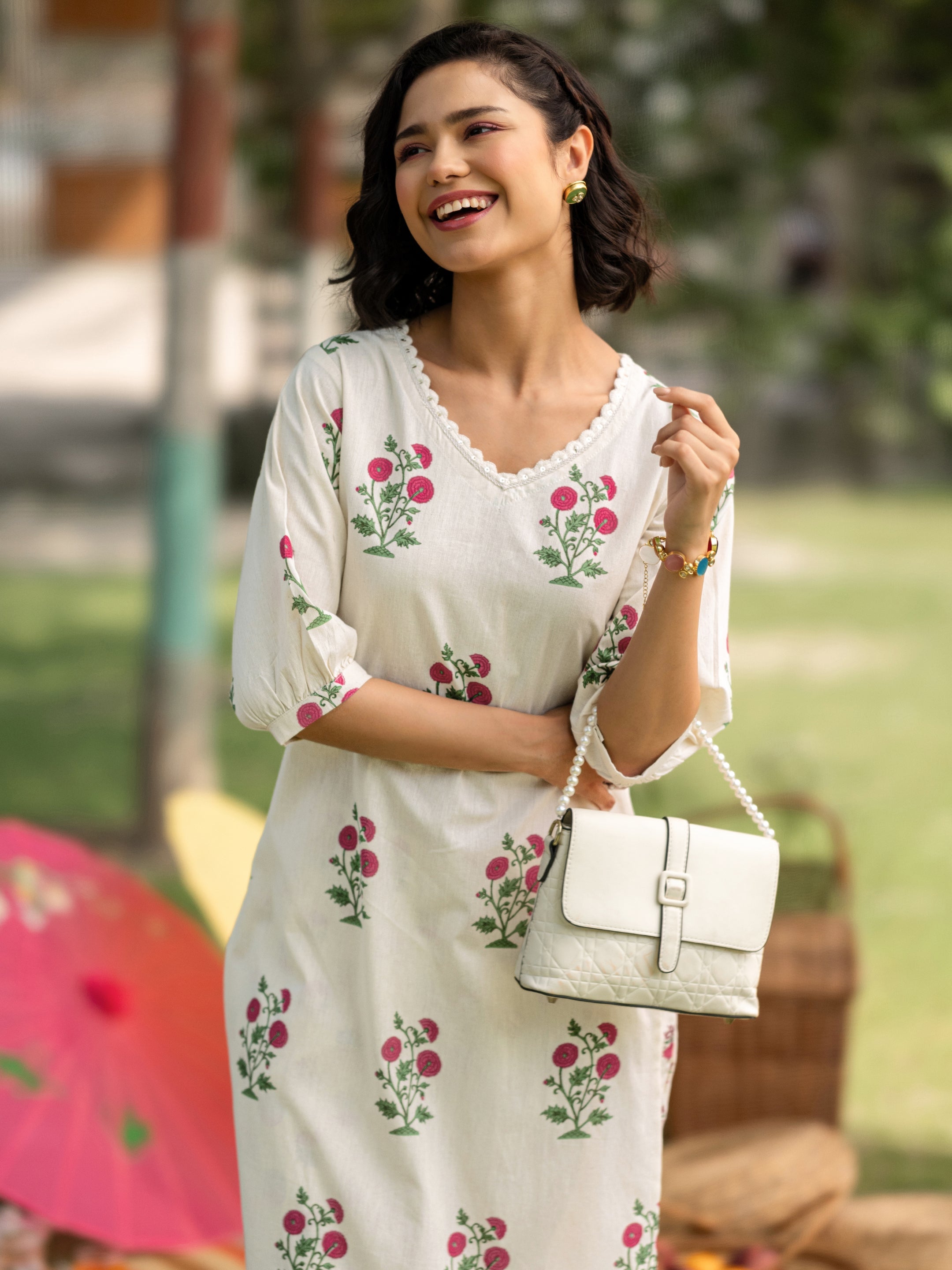 Off white Printed Cotton Straight Kurta Set