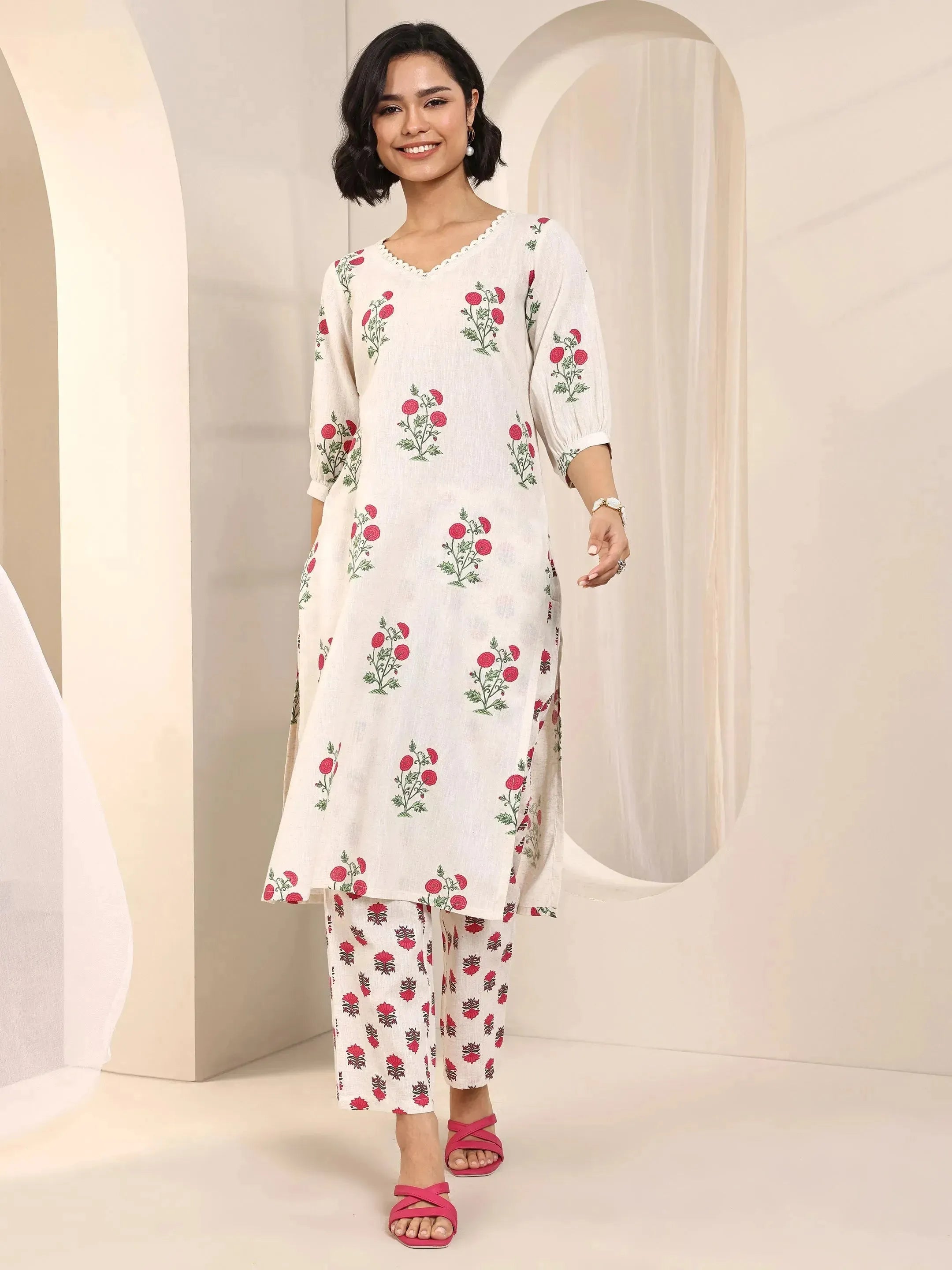 Off white Printed Cotton Straight Kurta Set