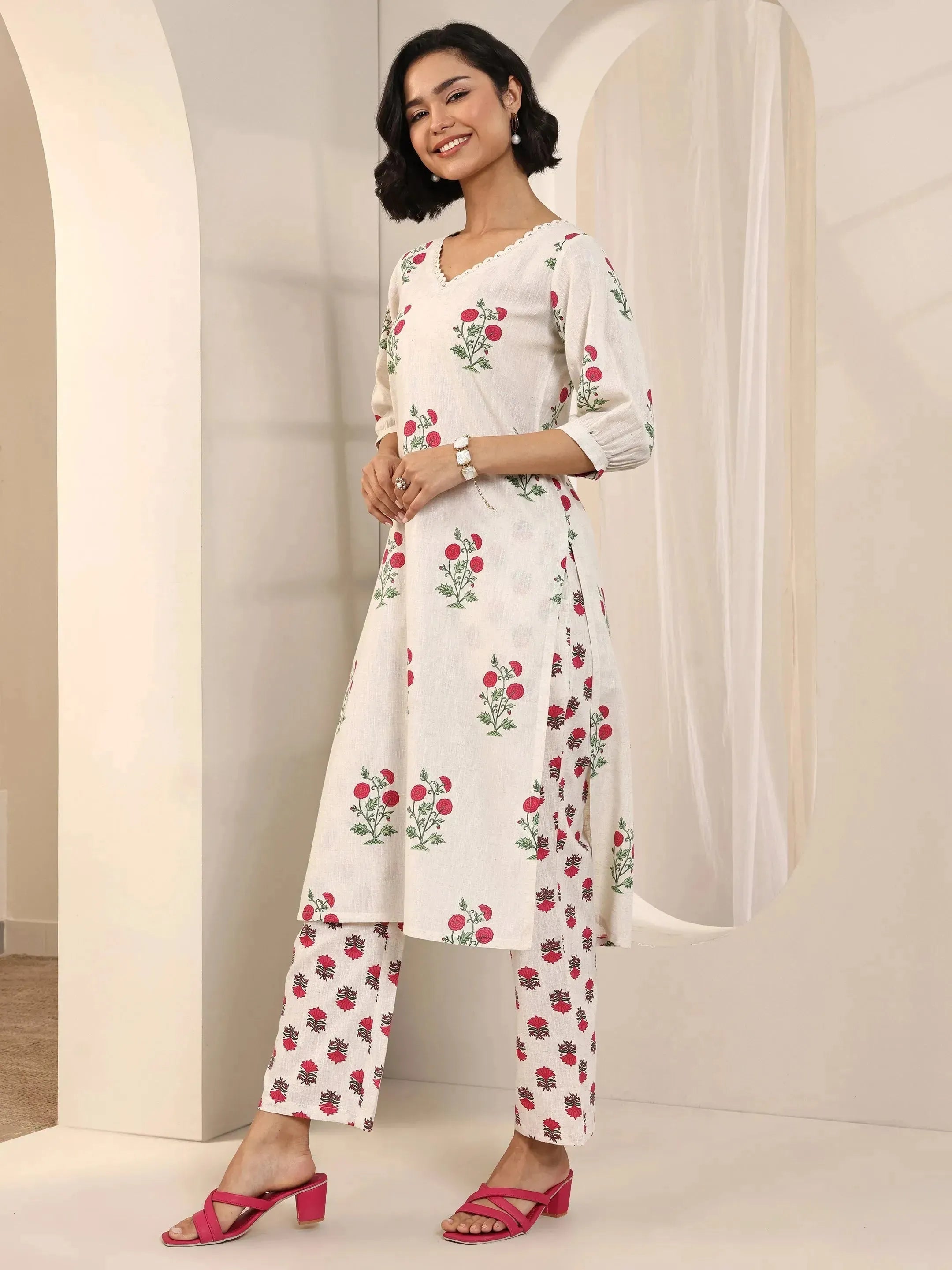 Off white Printed Cotton Straight Kurta Set