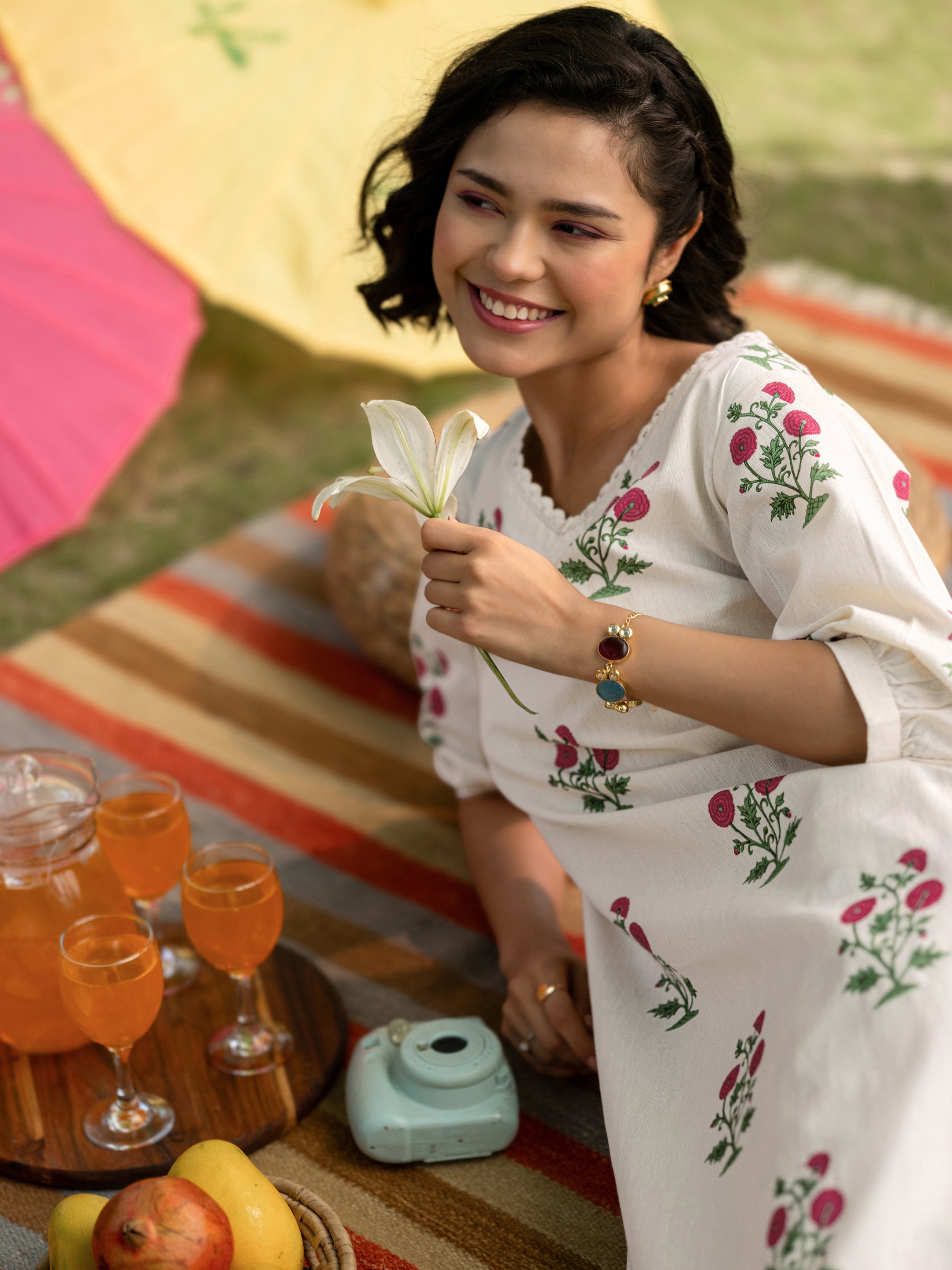 Off white Printed Cotton Straight Kurta Set