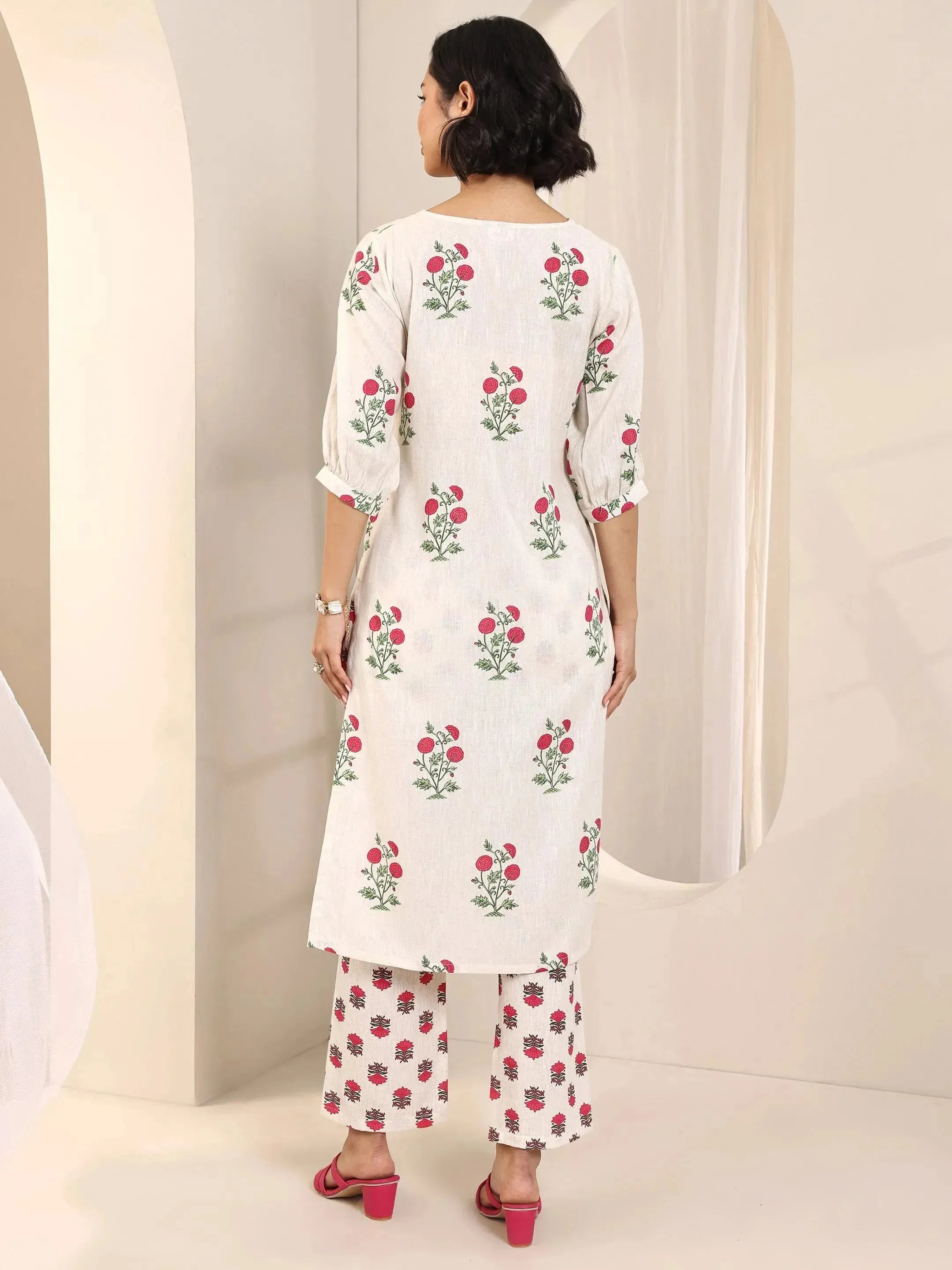 Off white Printed Cotton Straight Kurta Set