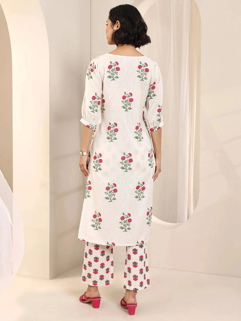 Off white Printed Cotton Straight Kurta Set