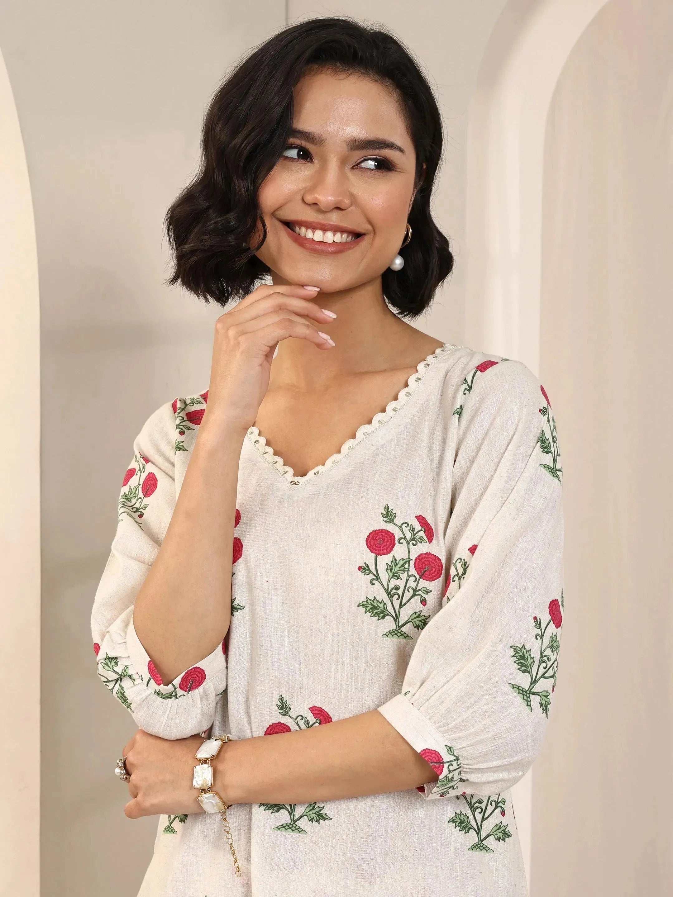 Off white Printed Cotton Straight Kurta Set