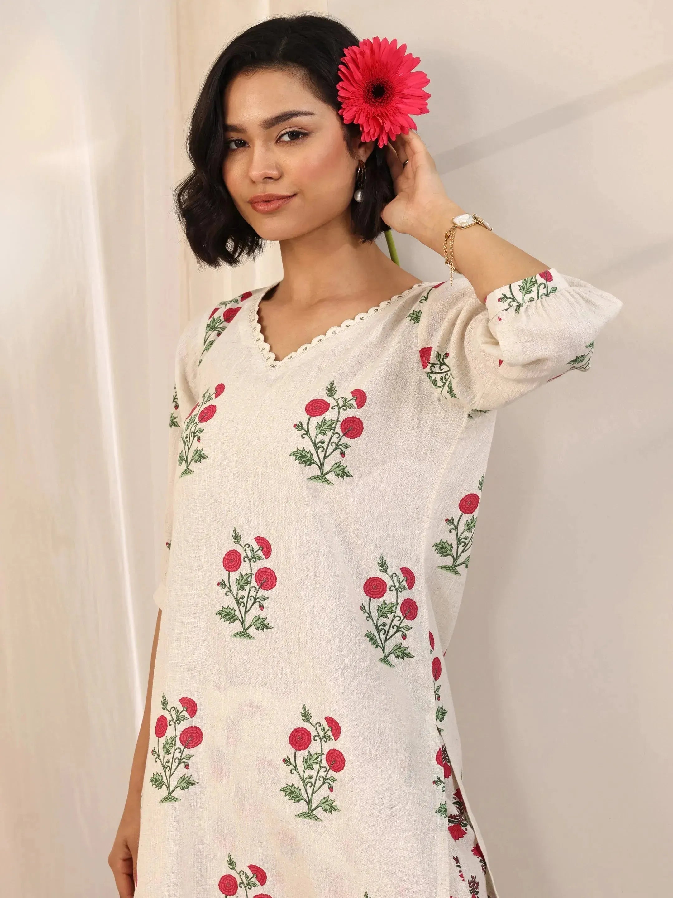 Off white Printed Cotton Straight Kurta Set