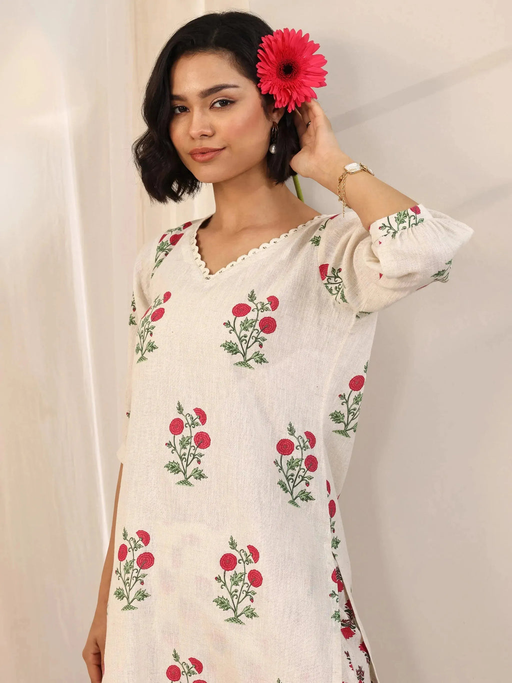 Off white Printed Cotton Straight Kurta Set