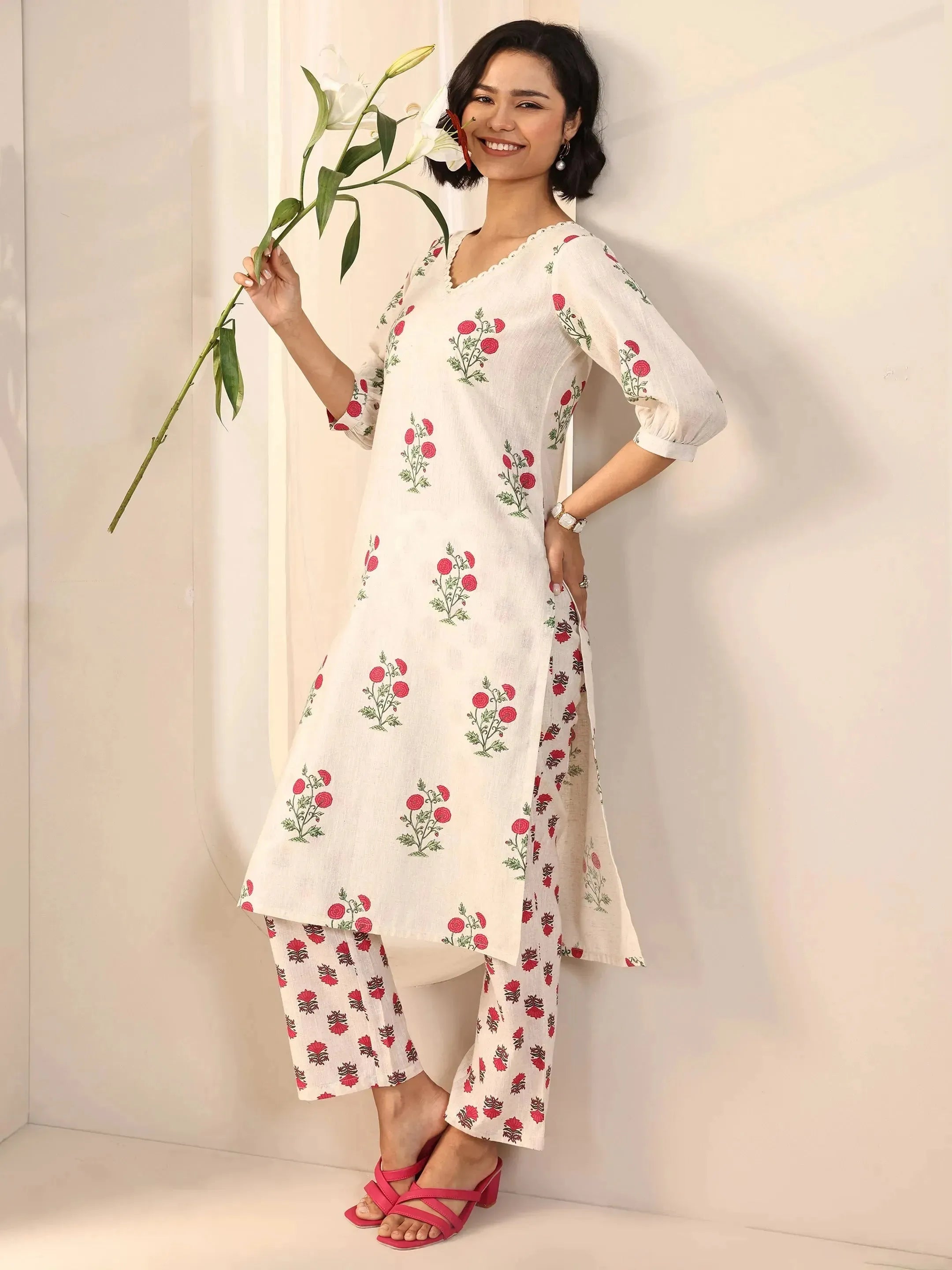 Off white Printed Cotton Straight Kurta Set