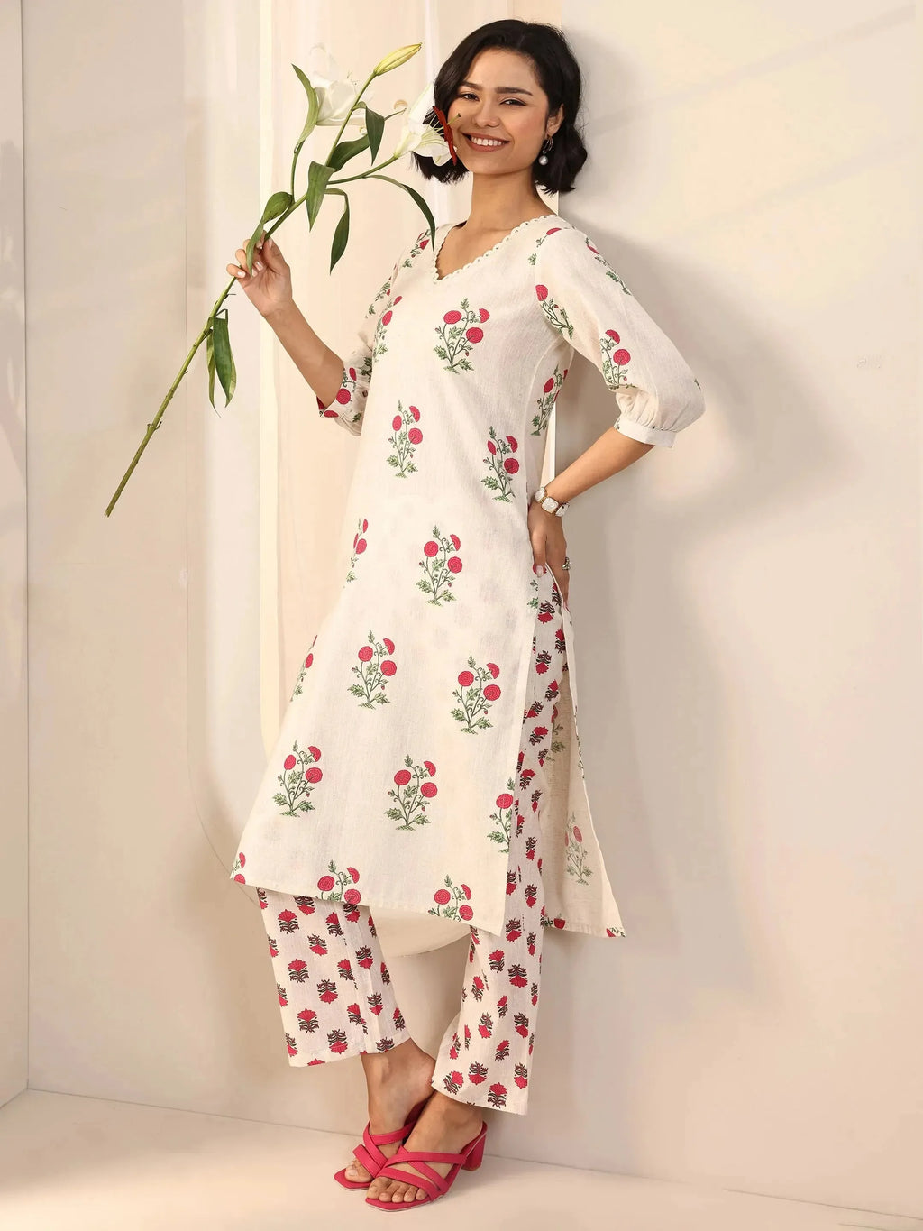 Off white Printed Cotton Straight Kurta Set