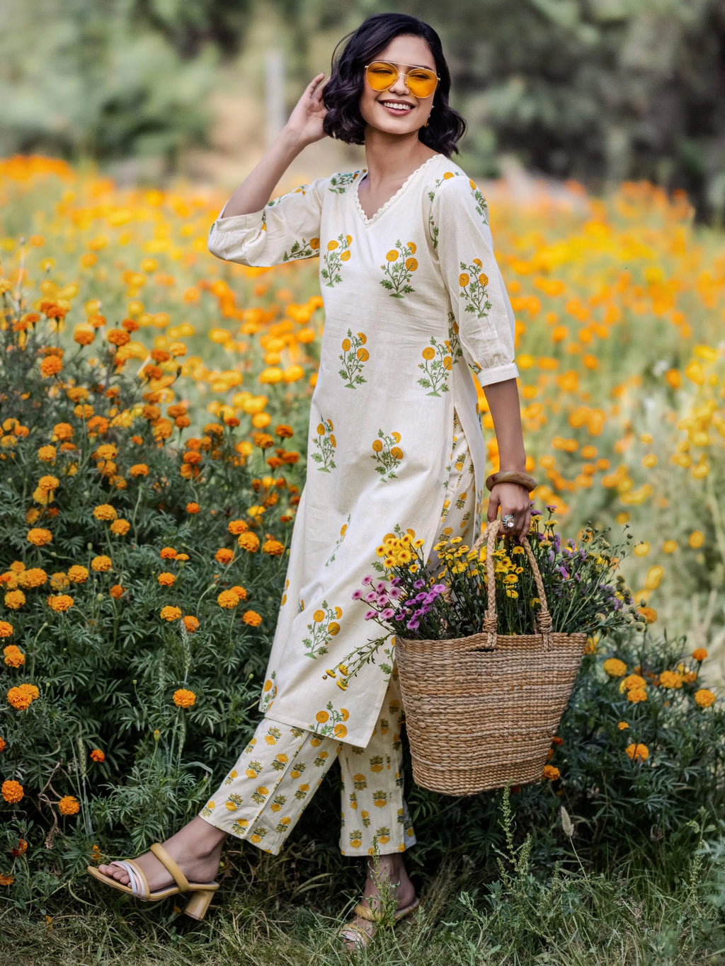 Off white Printed Cotton Straight Kurta Set