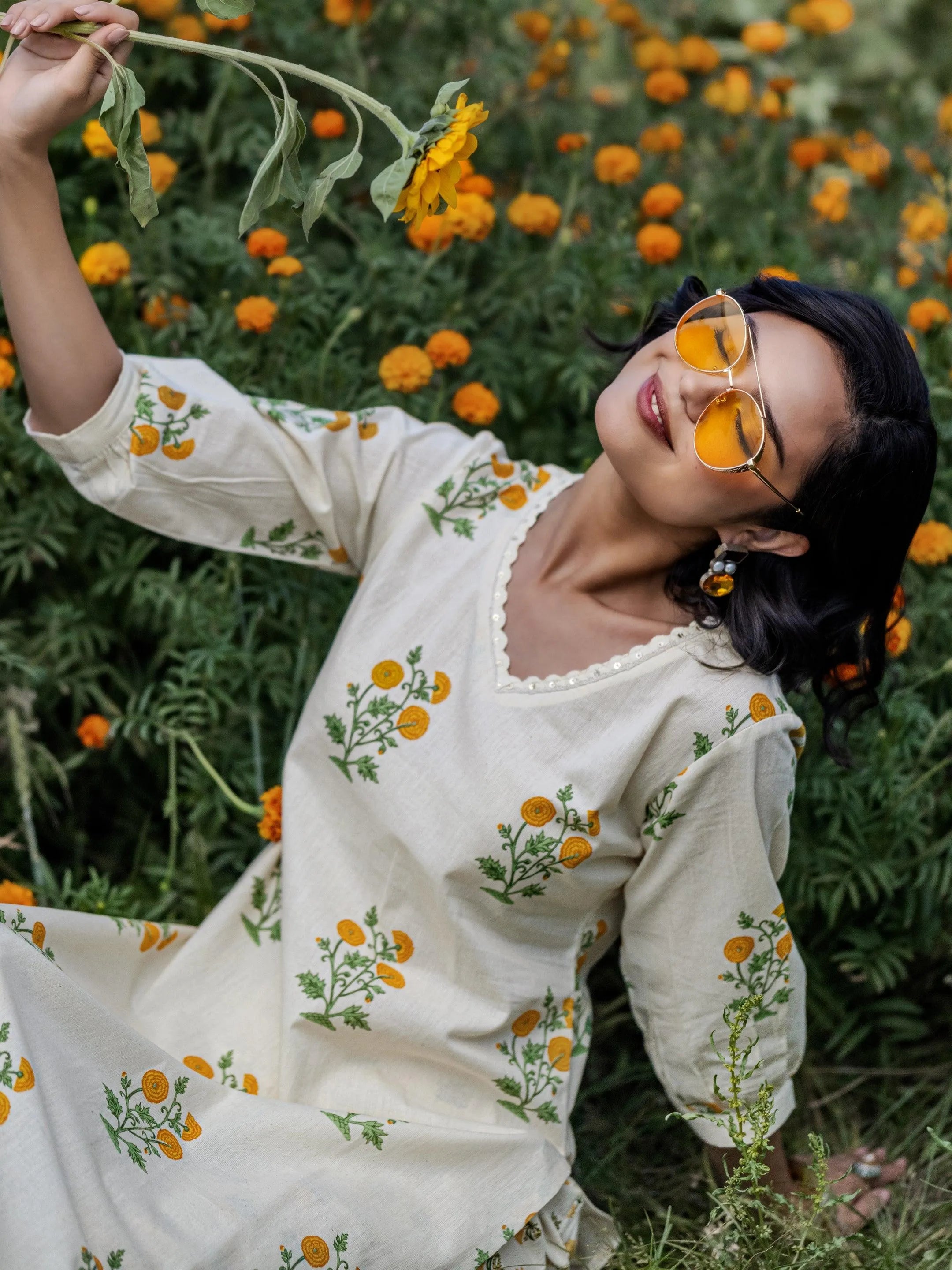 Off white Printed Cotton Straight Kurta Set