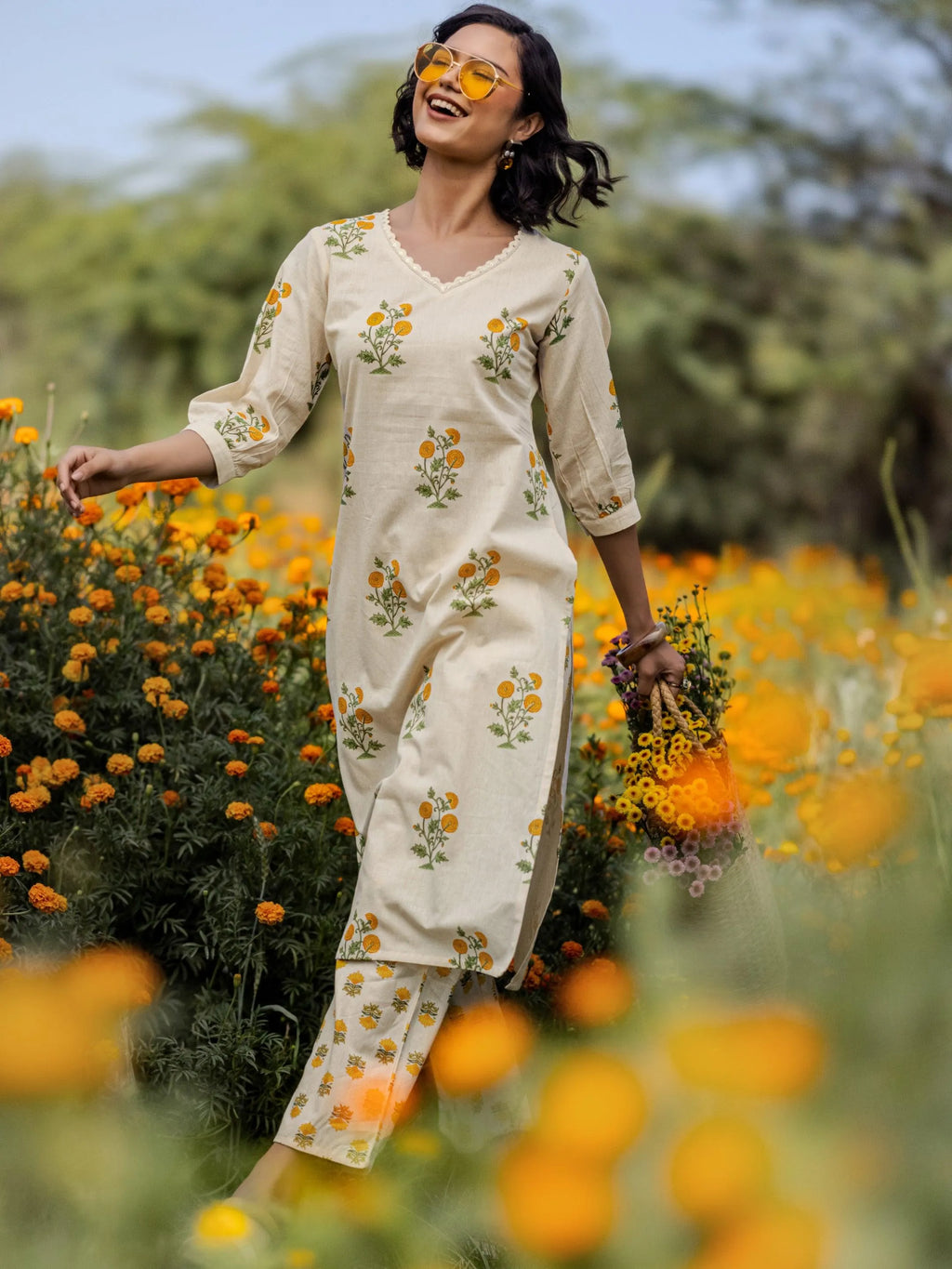 Off white Printed Cotton Straight Kurta Set