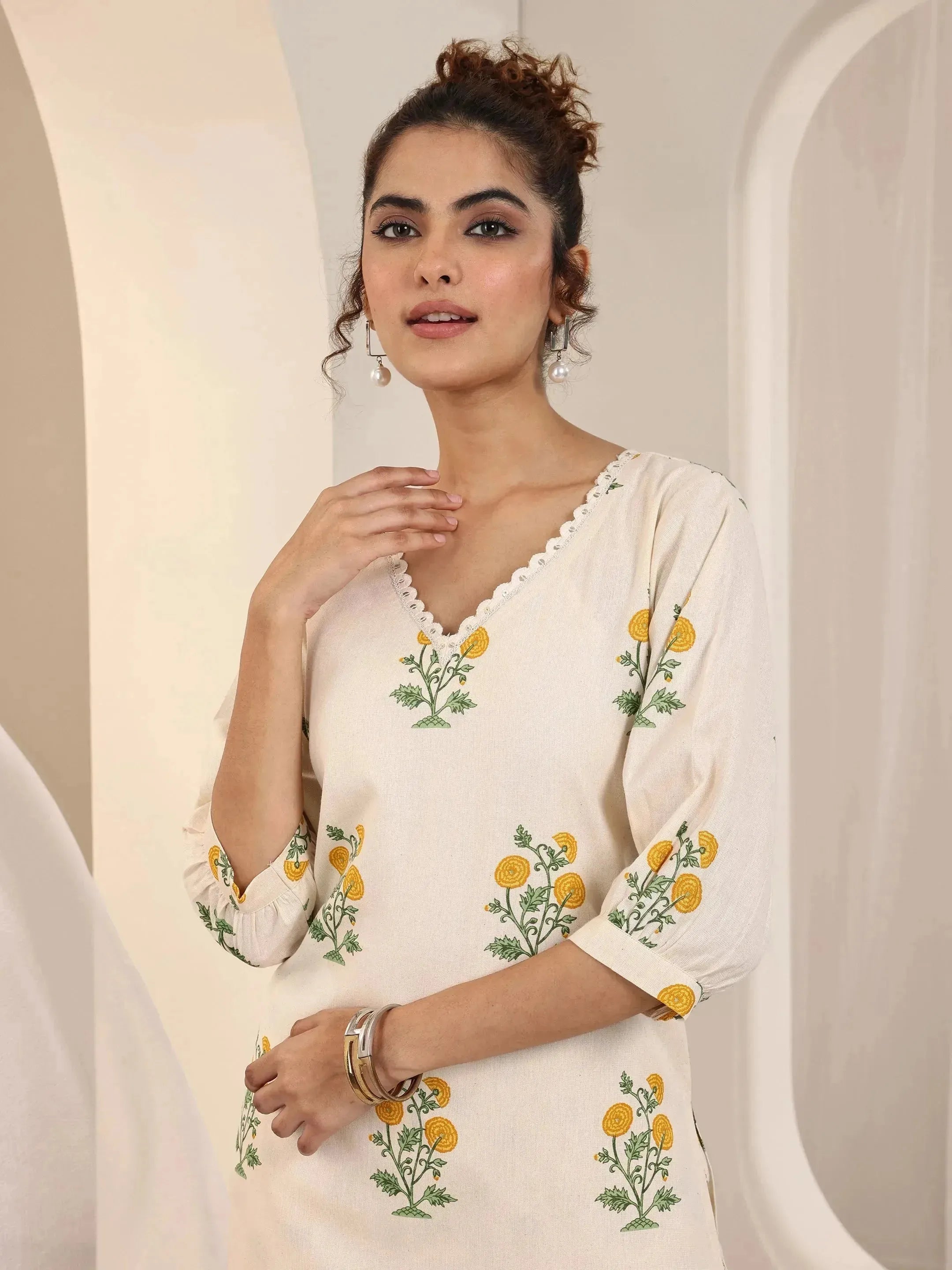 Off white Printed Cotton Straight Kurta Set
