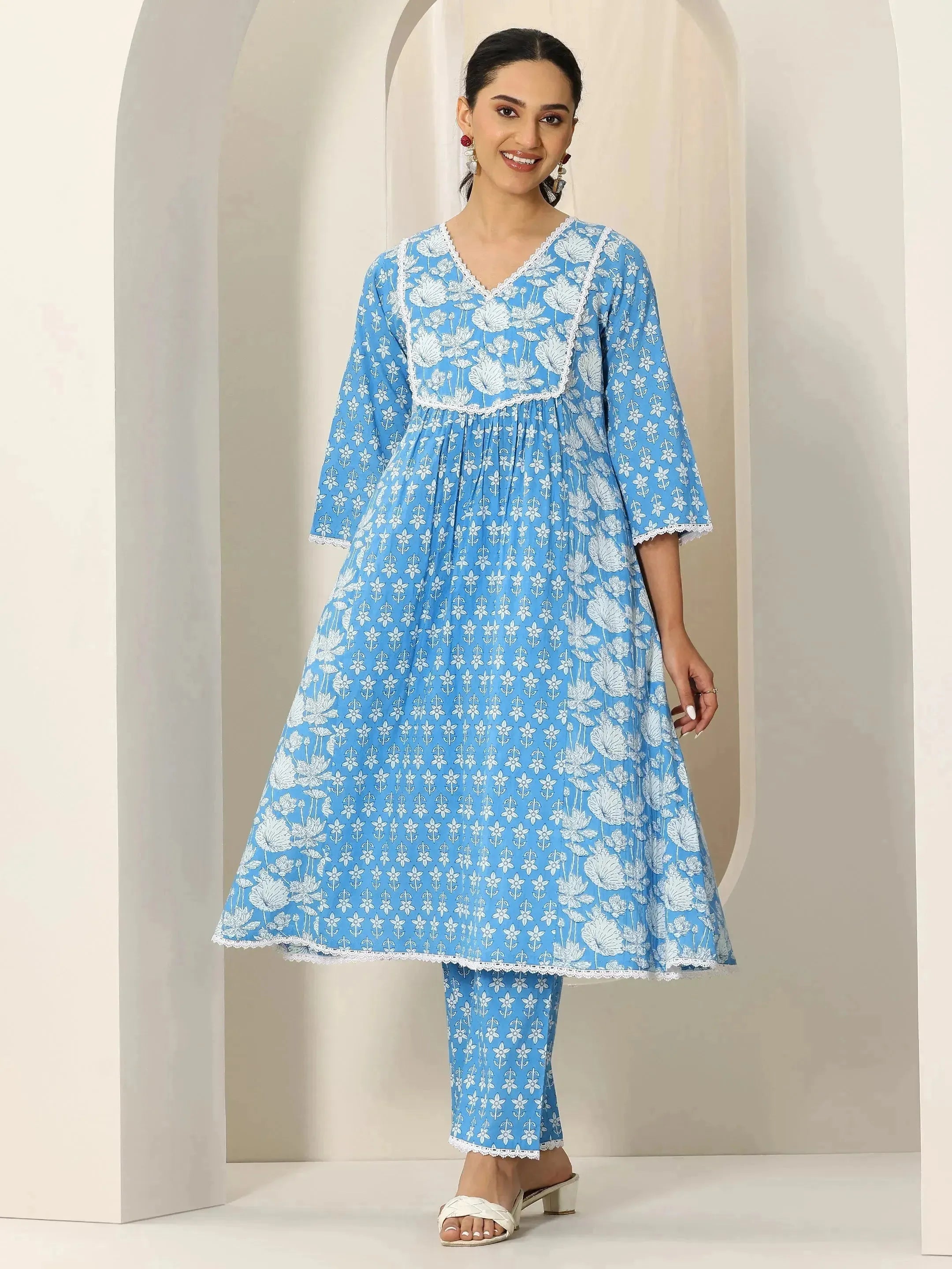 Blue Printed Pure Cotton A-Line Kurta Set