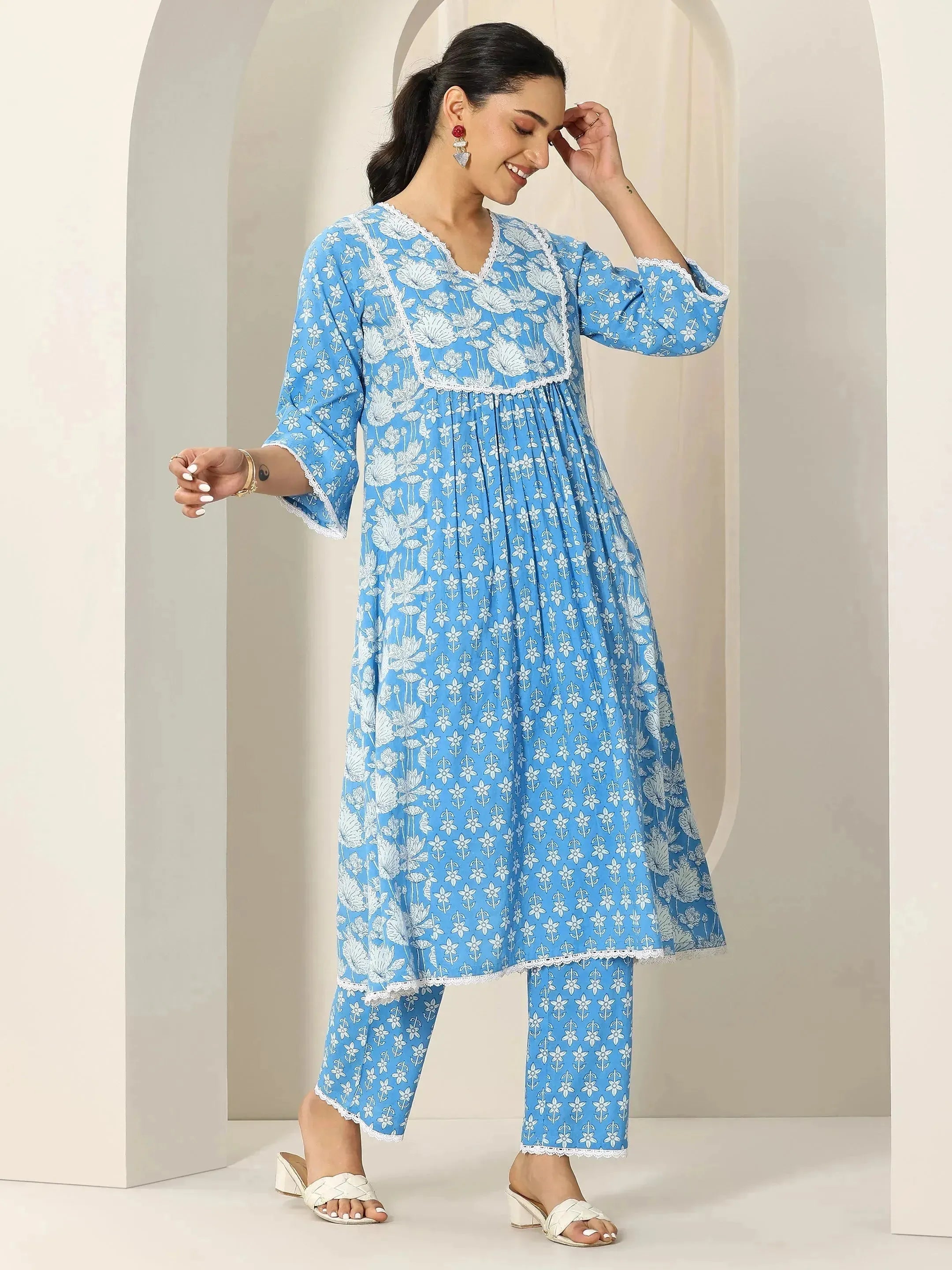 Blue Printed Pure Cotton A-Line Kurta Set
