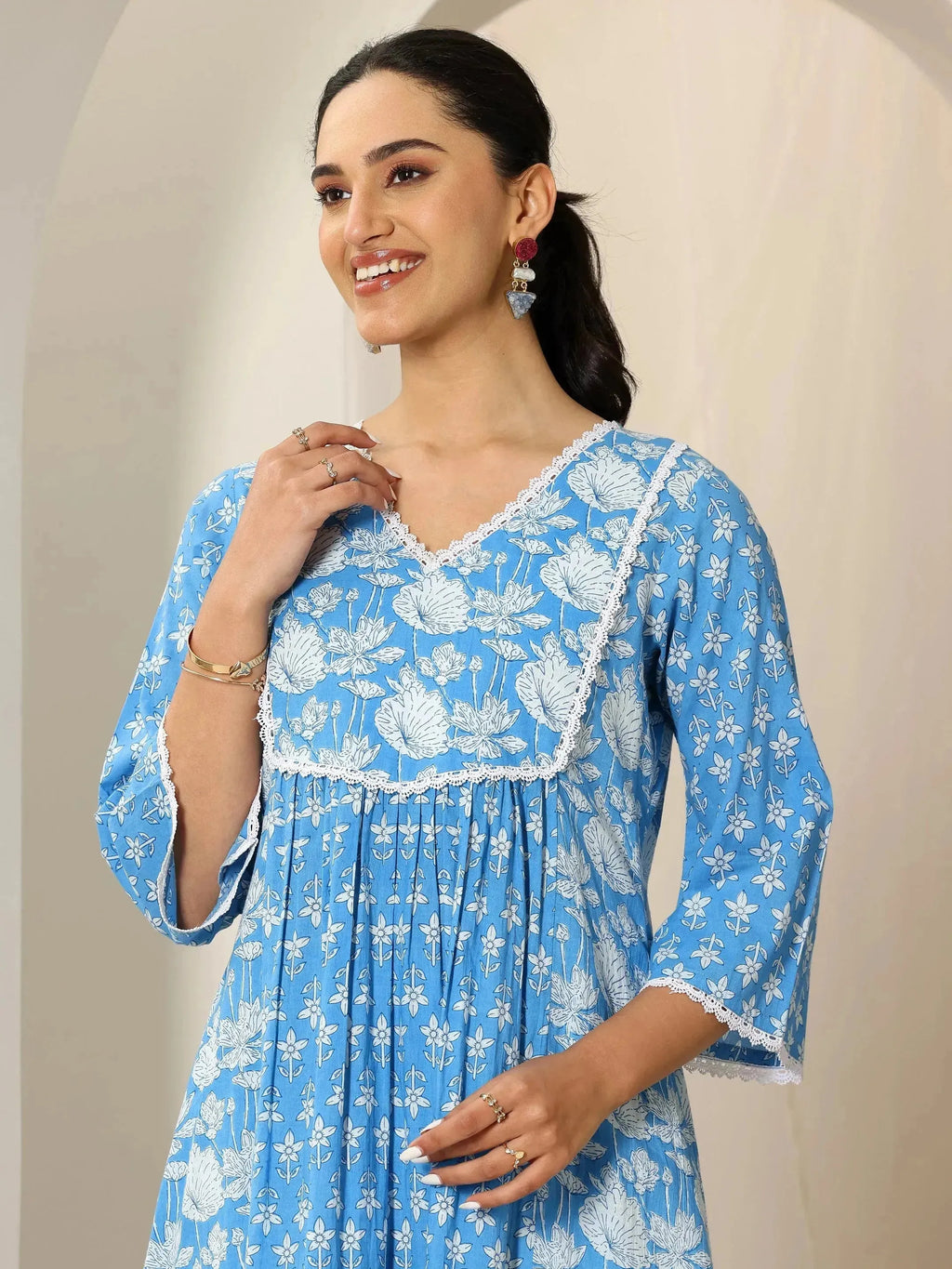 Blue Printed Pure Cotton A-Line Kurta Set