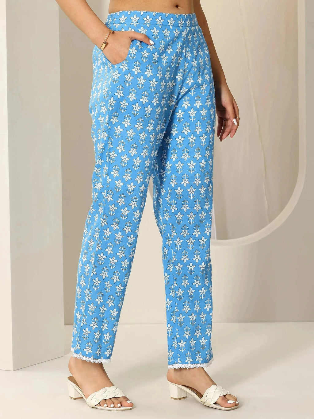 Blue Printed Pure Cotton A-Line Kurta Set