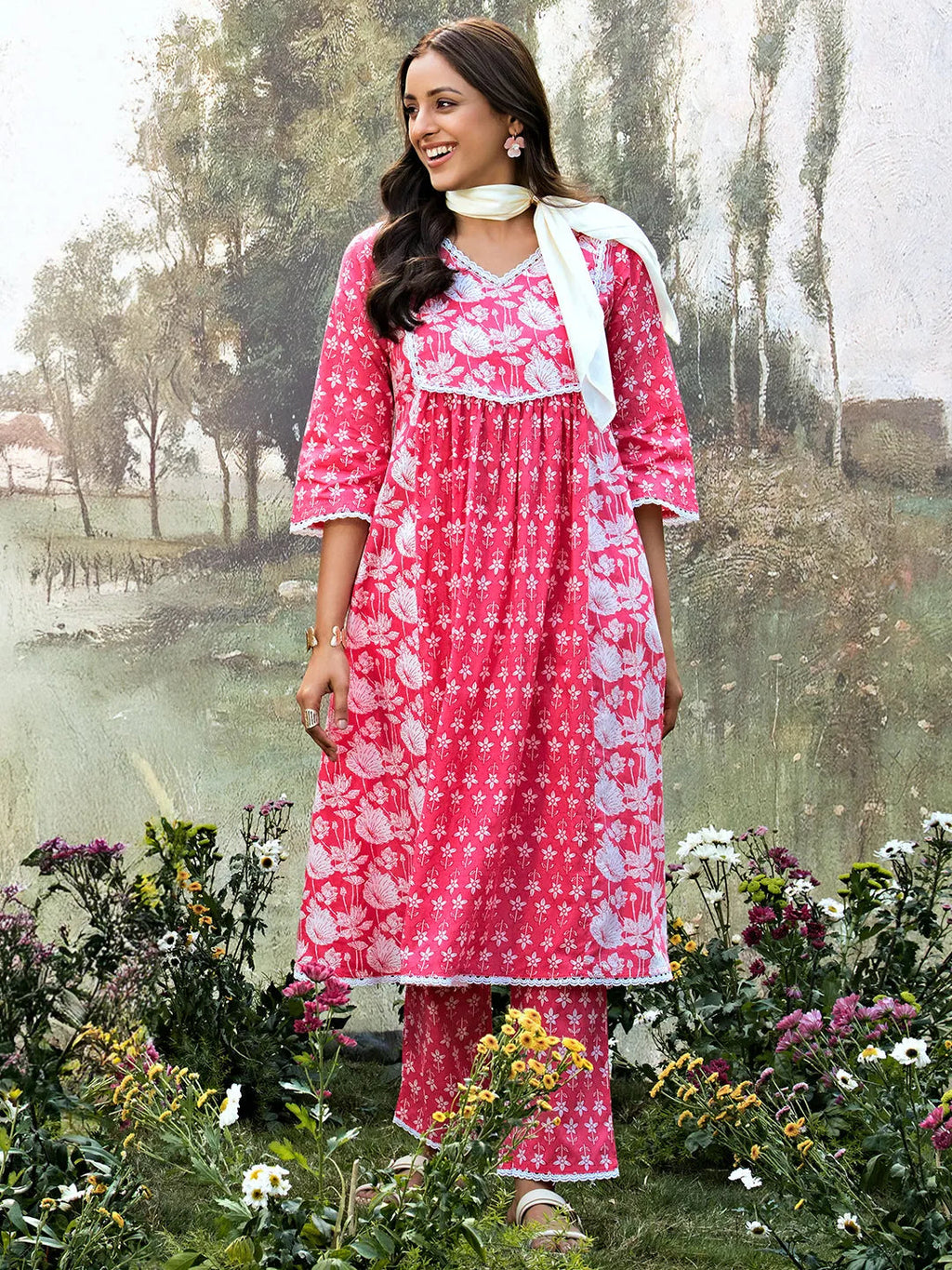 Pink Printed Cotton A-line  Kurta Set