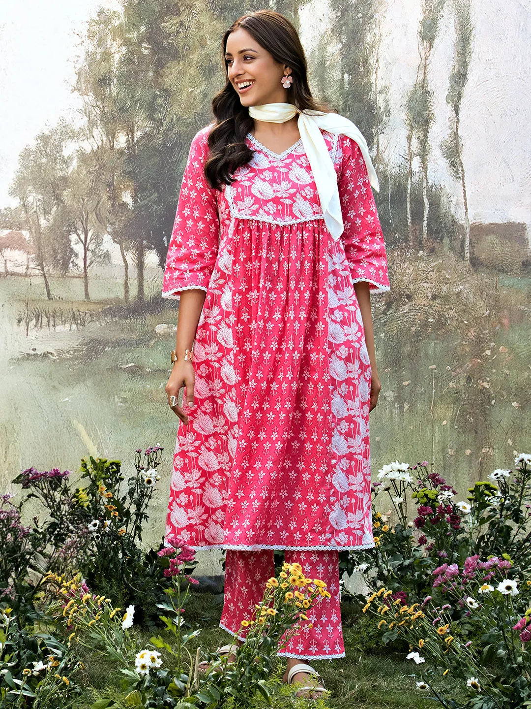Pink Printed Cotton A-line  Kurta Set