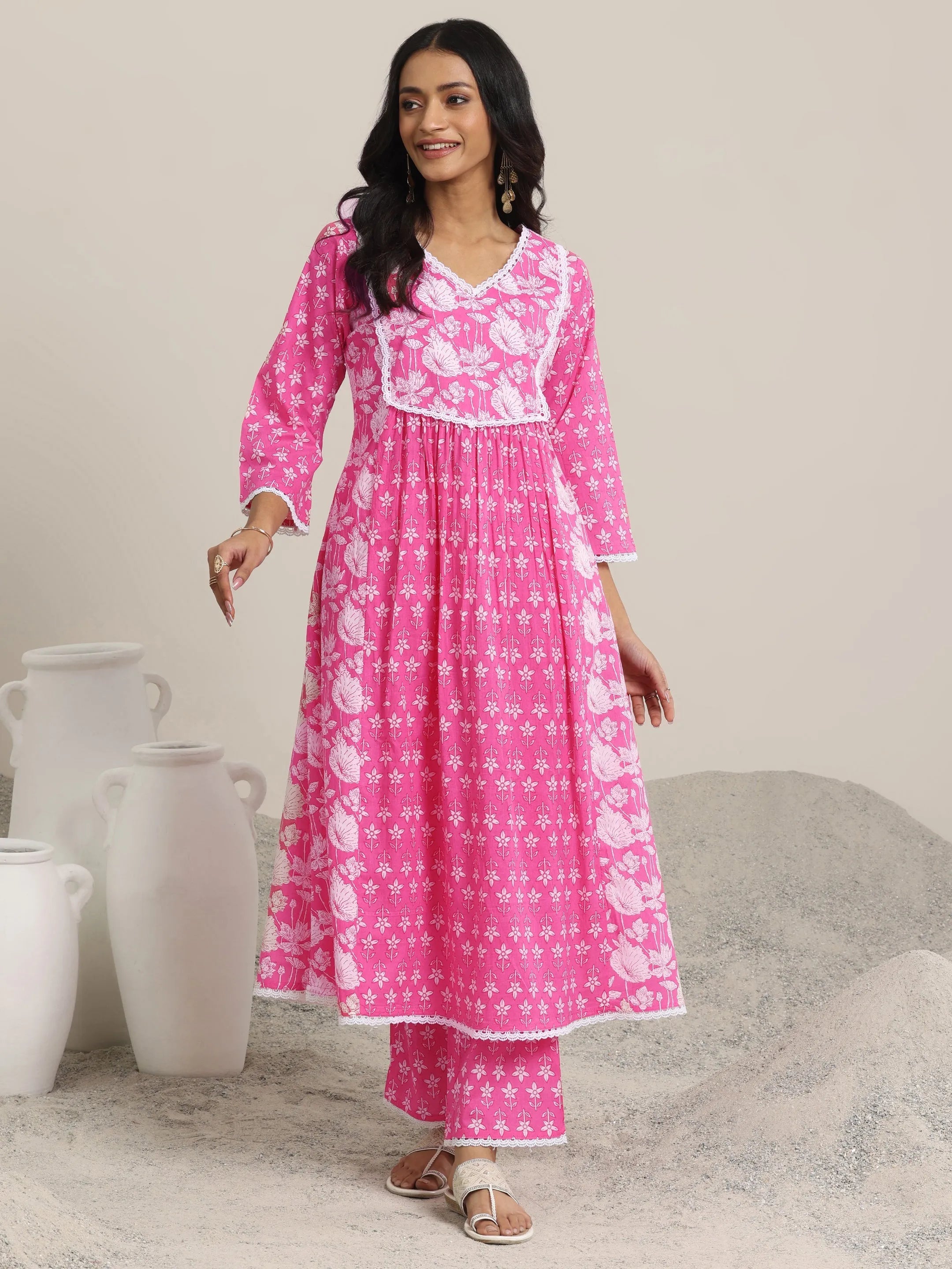 Pink Printed Cotton A-line  Kurta Set