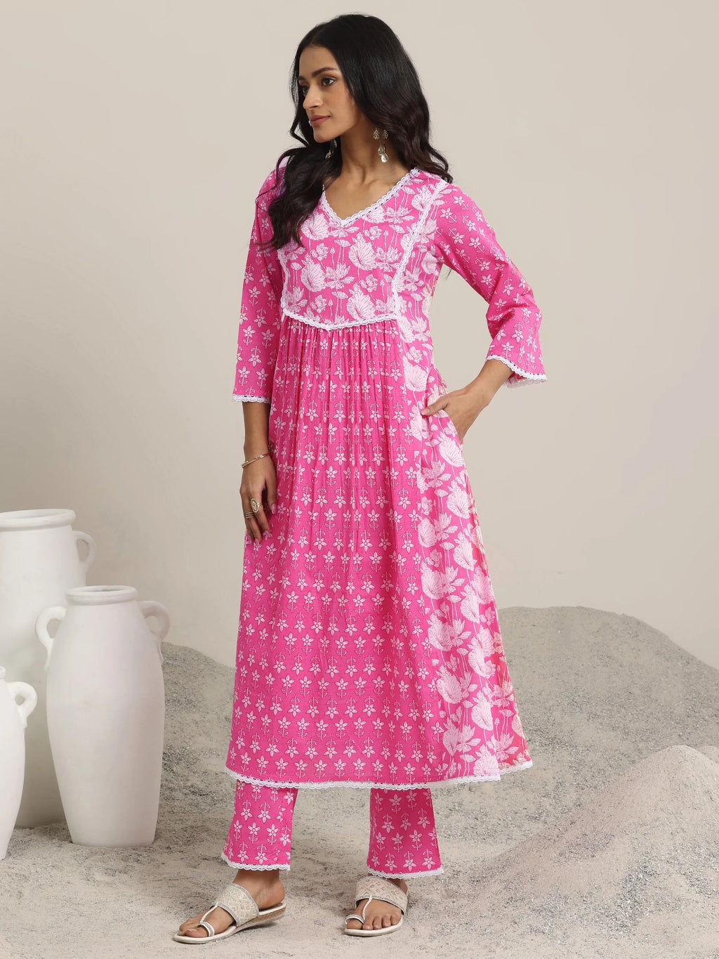 Pink Printed Cotton A-line  Kurta Set