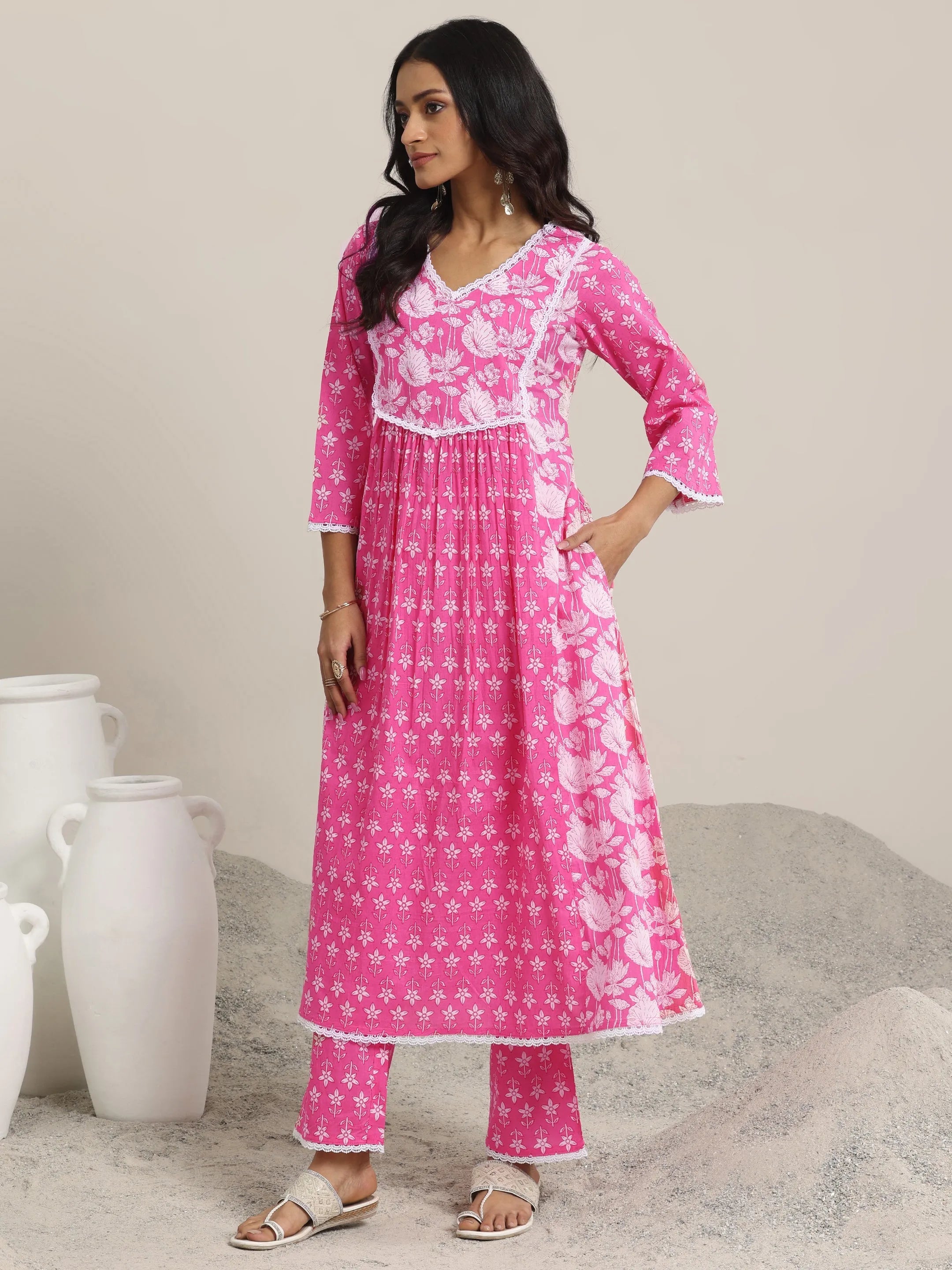 Pink Printed Cotton A-line  Kurta Set
